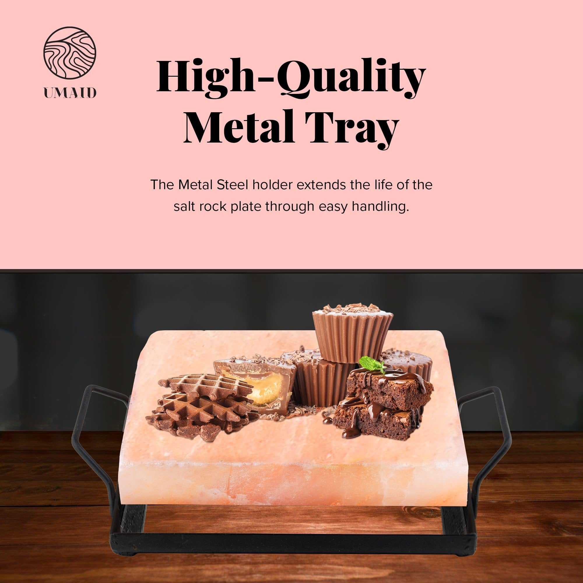 UMAID Himalayan Salt Block Cooking Plate 8x8x1.5 for Cooking, Grilling, Cutting and Serving, Food Grade Rock Salt Stone On Steel Tray with Recipe Pamphlet Unique Gifts for Men, Women, Dads & Cooks