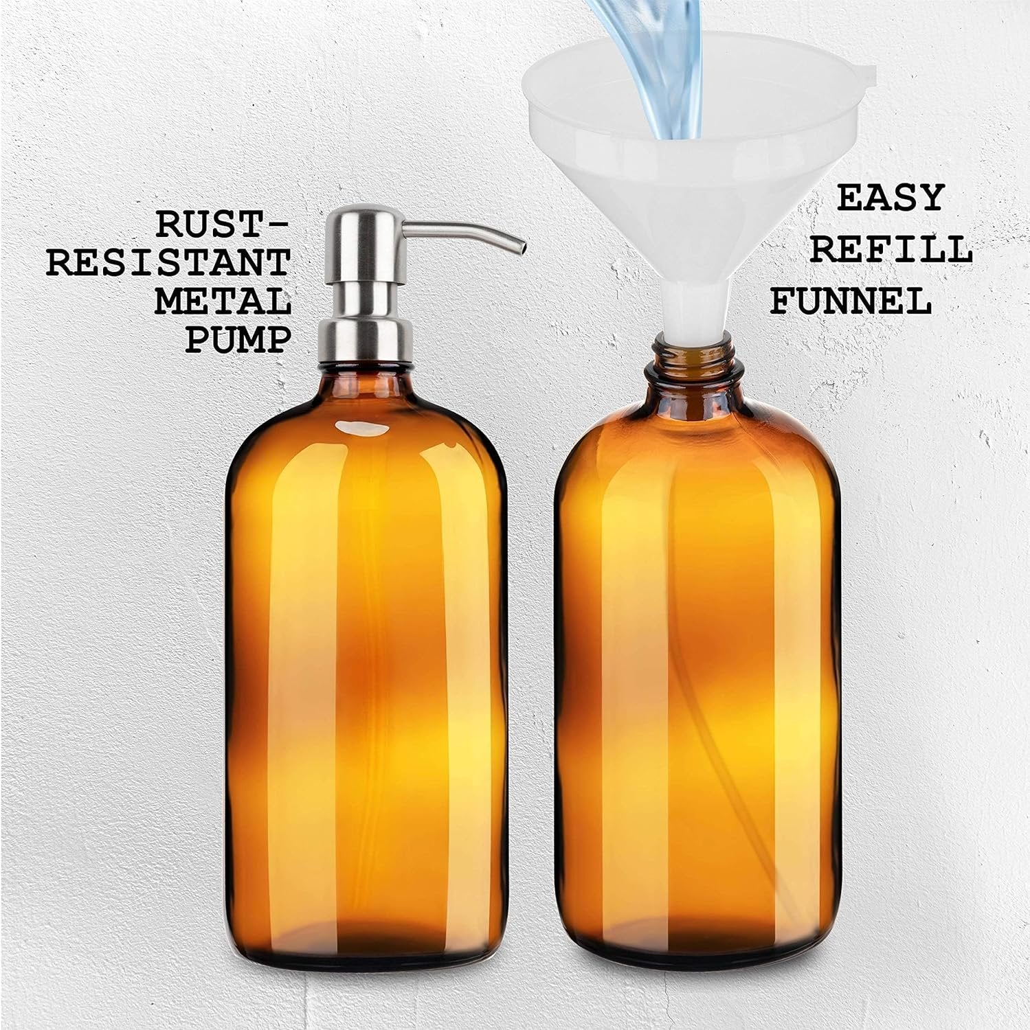 Kitchentoolz Large Pump Bottle - 32 Ounce Shampoo and Soap Dispenser - Amber