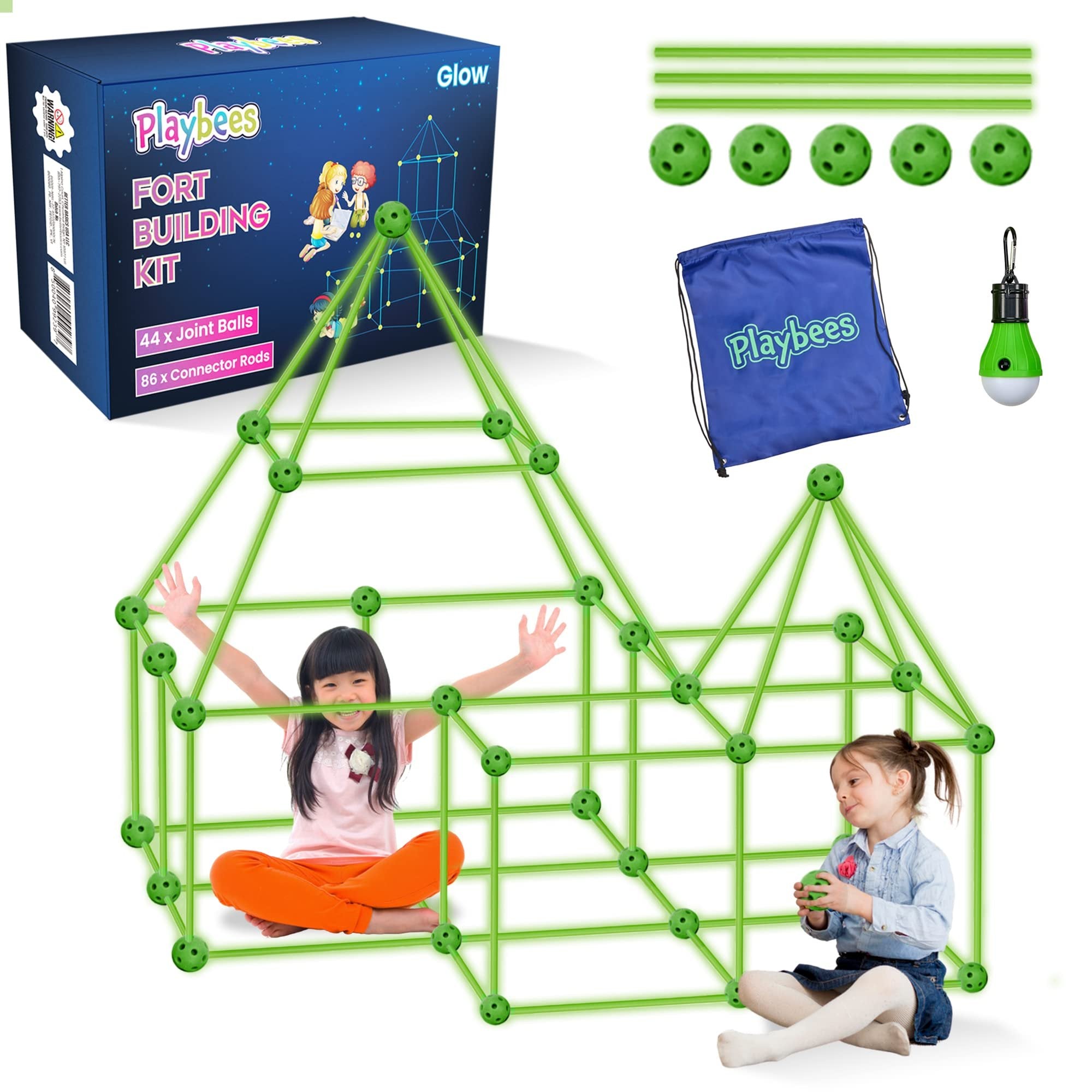 Playbees Glow in The Dark Fort Building Kit with Rods and Connectors - 132 Pieces - Glow in The Dark - Ages 4-8, 8-12 STEM Building Toy, Construction Set for Kids, DIY Castle, Birthday Gift