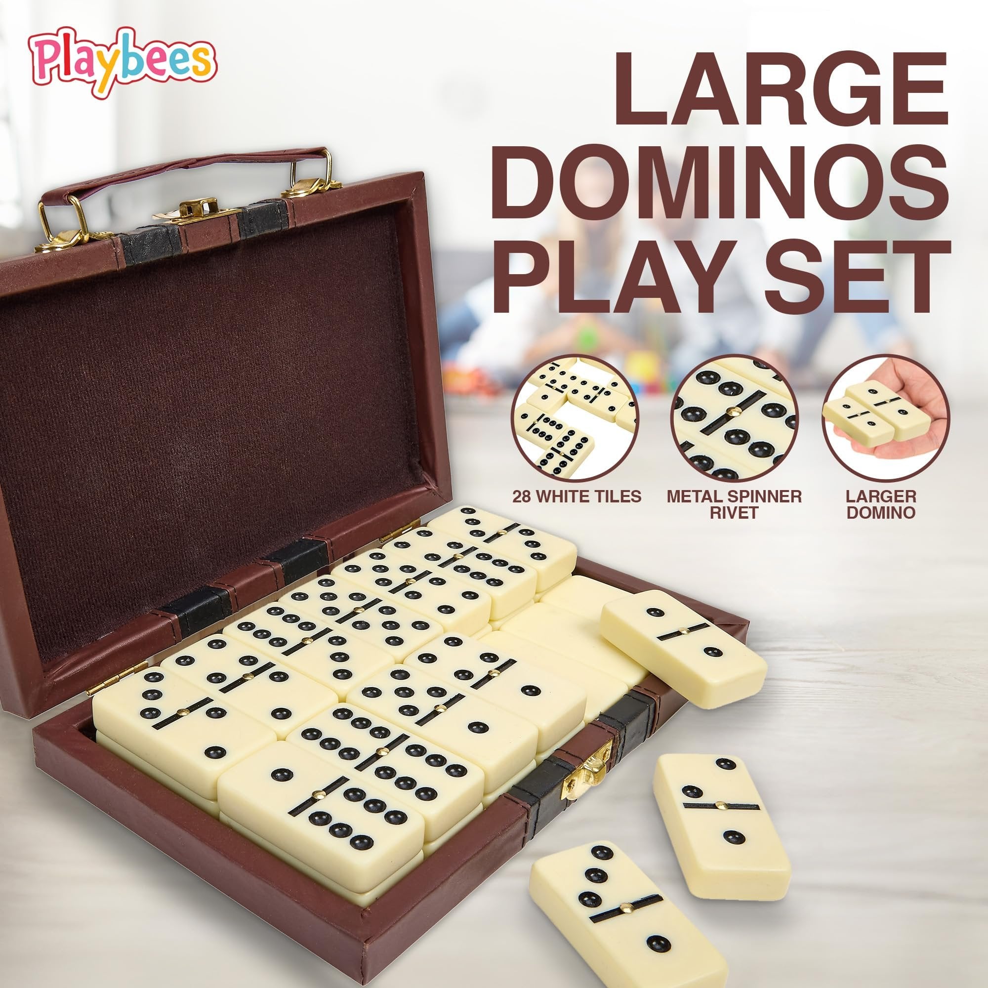 Playbees Jumbo Double Six Domino Set - 28 Thick White Tiles - Sophisticated Wooden Vegan Leather Box - Classic Family Game - Math Skills and Strategy - 2-4 Players