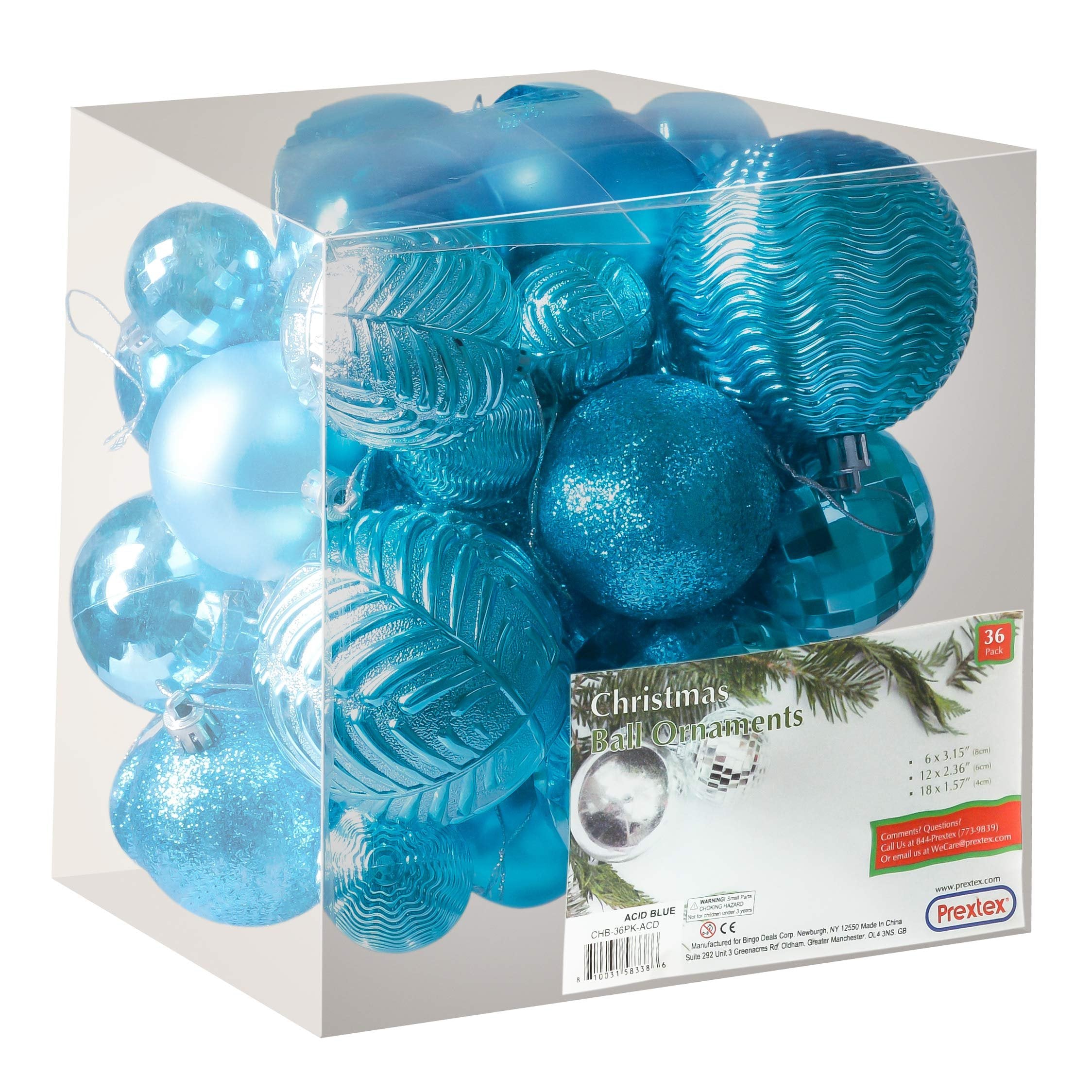 Prextex Acid Blue Christmas Ball Ornaments for Christmas Decorations - 36 Pieces Xmas Tree Shatterproof Ornaments with Hanging Loop for Holiday and Party Decoration (Combo of 6 Styles in 3 Sizes)