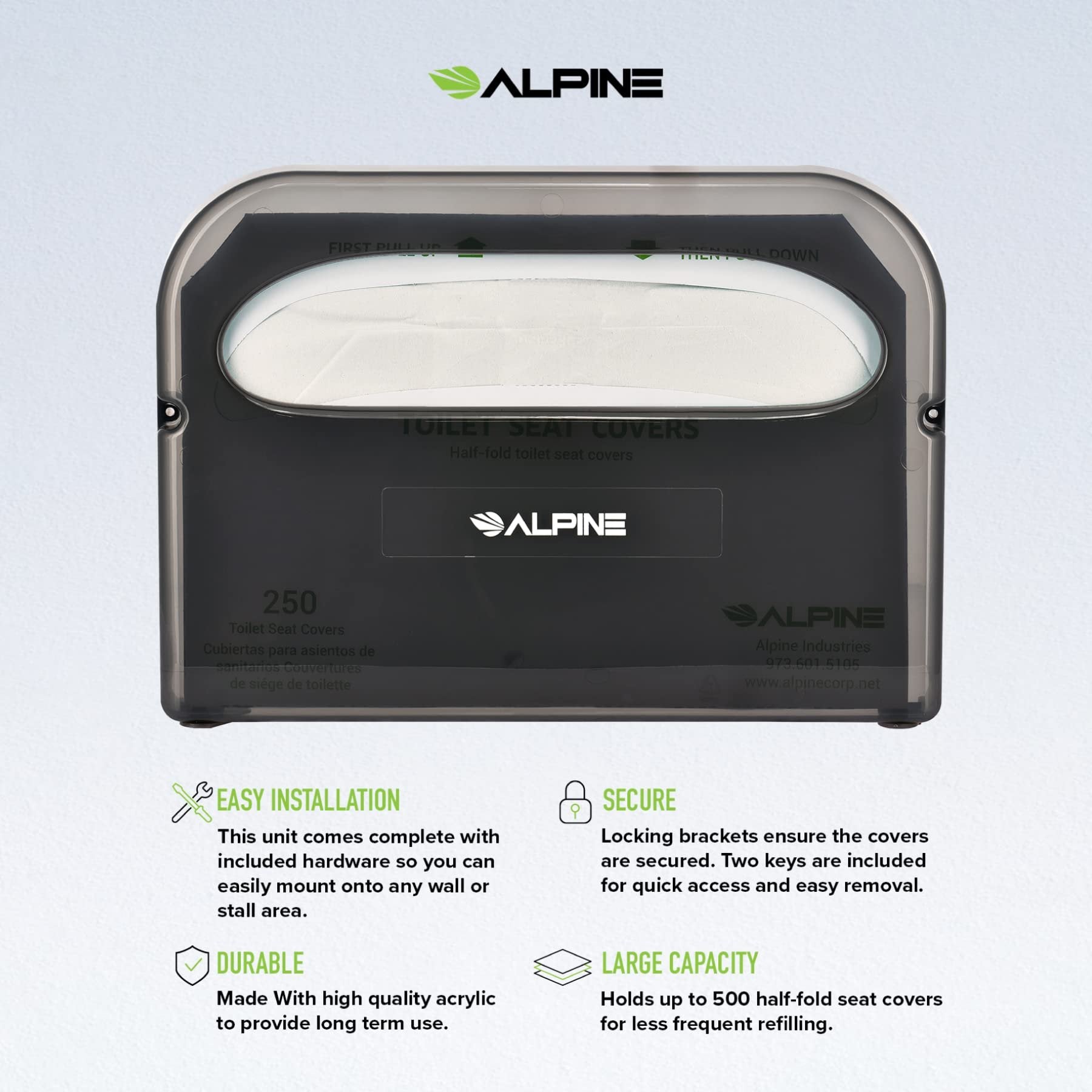 Alpine Industries Gray Toilet Seat Cover Dispenser - Wall Mount, Half Fold, Commercial & Residential, Free Shipping & Returns