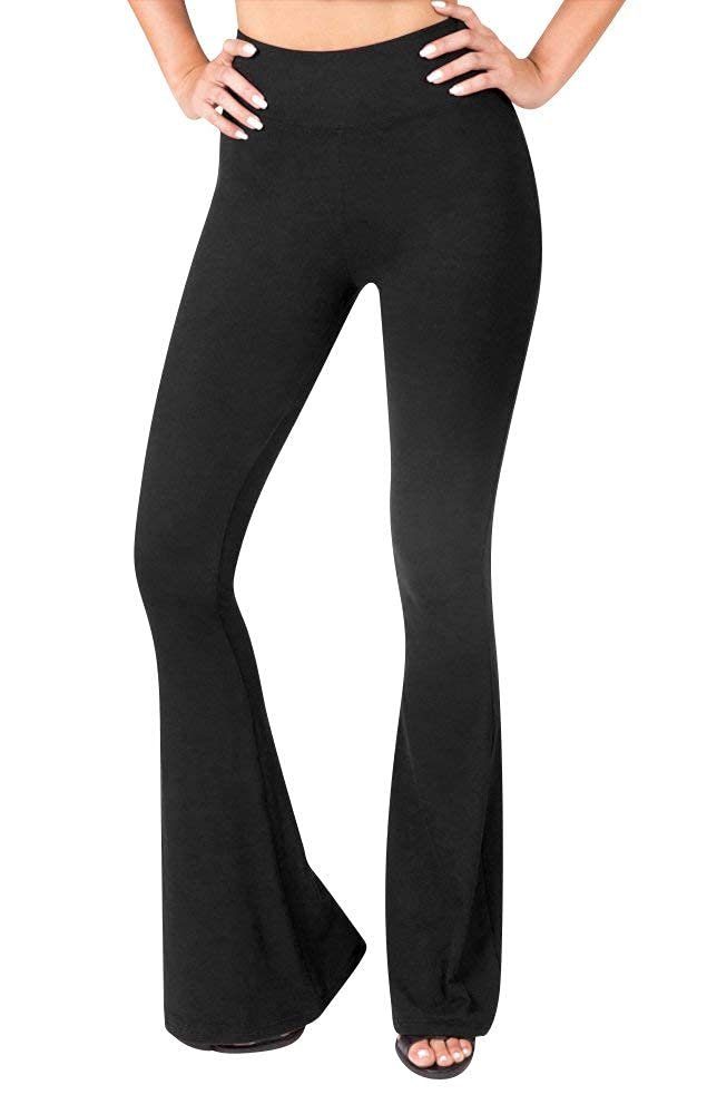 SATINA Womens High Waisted Flare Wide Leg Leggings - for Women Black Bell Bottom Printed & Solid, Reg Plus, Black, Medium