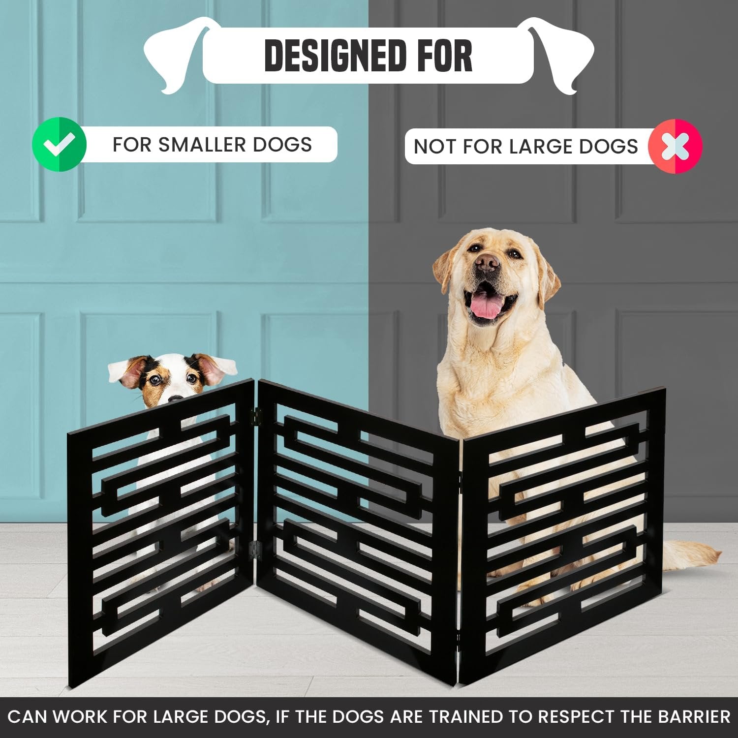 Bundaloo Freestanding Dog Gate Expandable Decorative Wooden Fence for Small to Medium Pet Dogs, Barrier for Stairs, Doorways, & Hallways (Farm Animals - Black