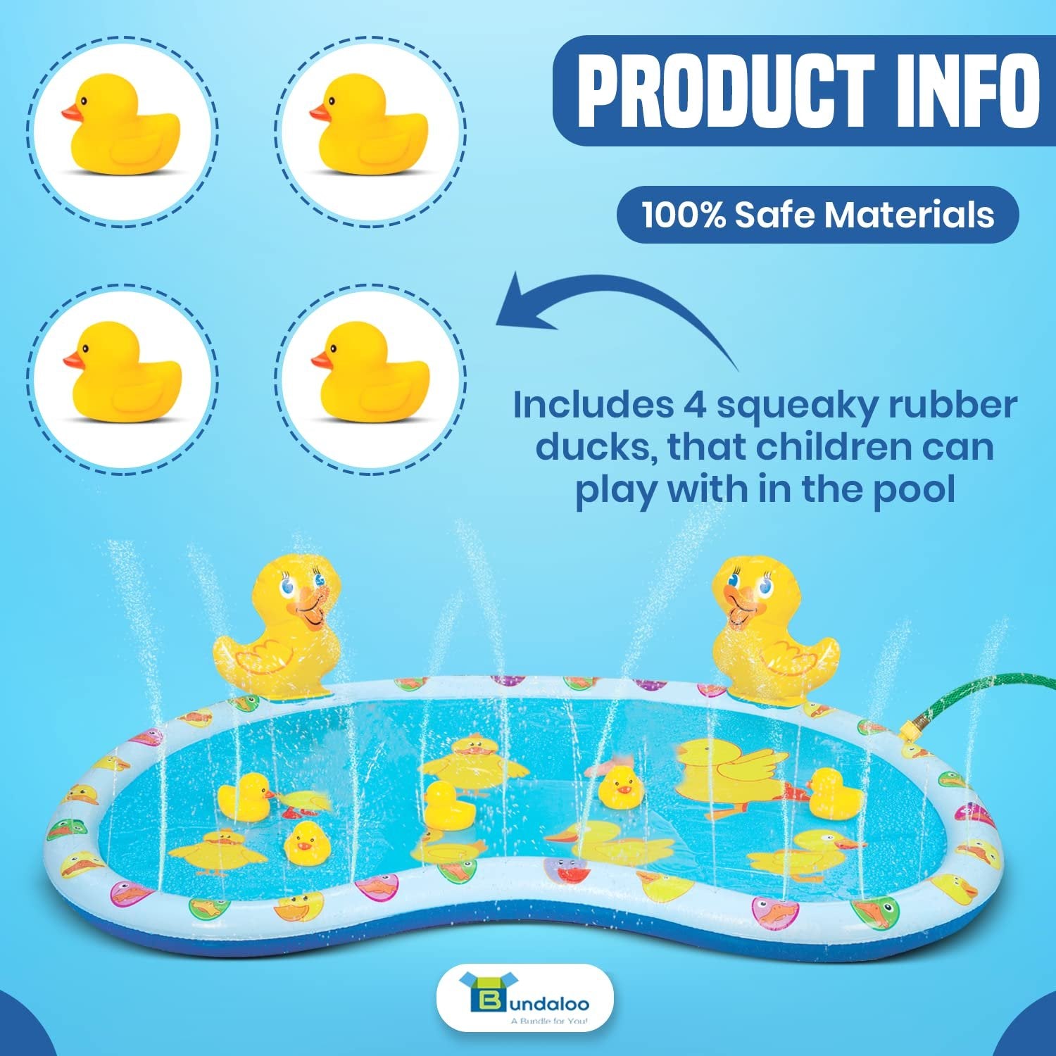 Bundaloo Baby Splash Pad Sprinkler with 4 Rubber Duck Toys - Fun Kiddie Pool Mat for Babies and Toddlers with Universal Garden Hose Connection