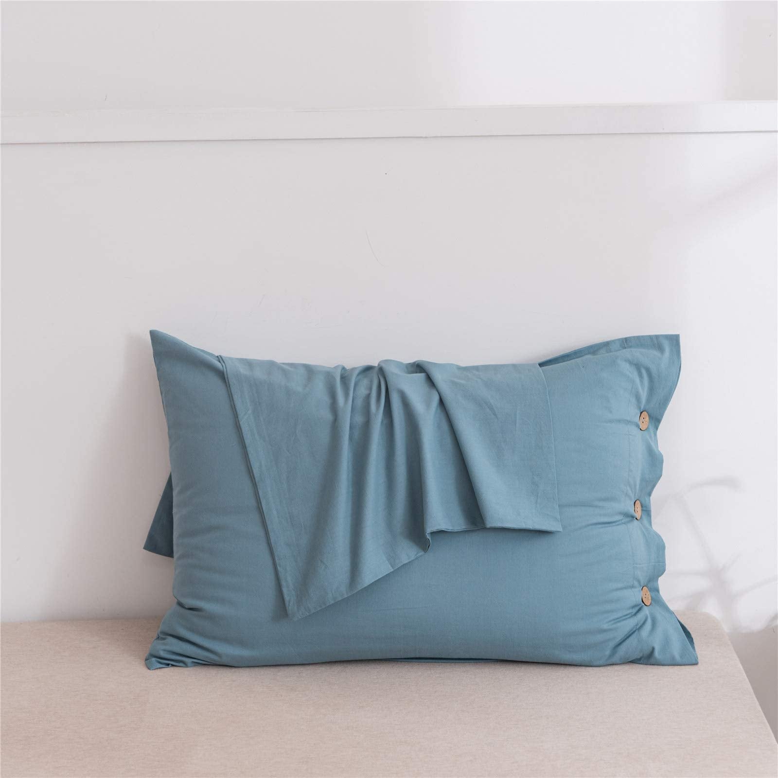 JELLYMONI Grayish Blue 100% Washed Cotton Standard Pillowcases Set, 2 Pack Luxury Soft Breathable Pillow Covers with Button Closure(Pillows are not Included)