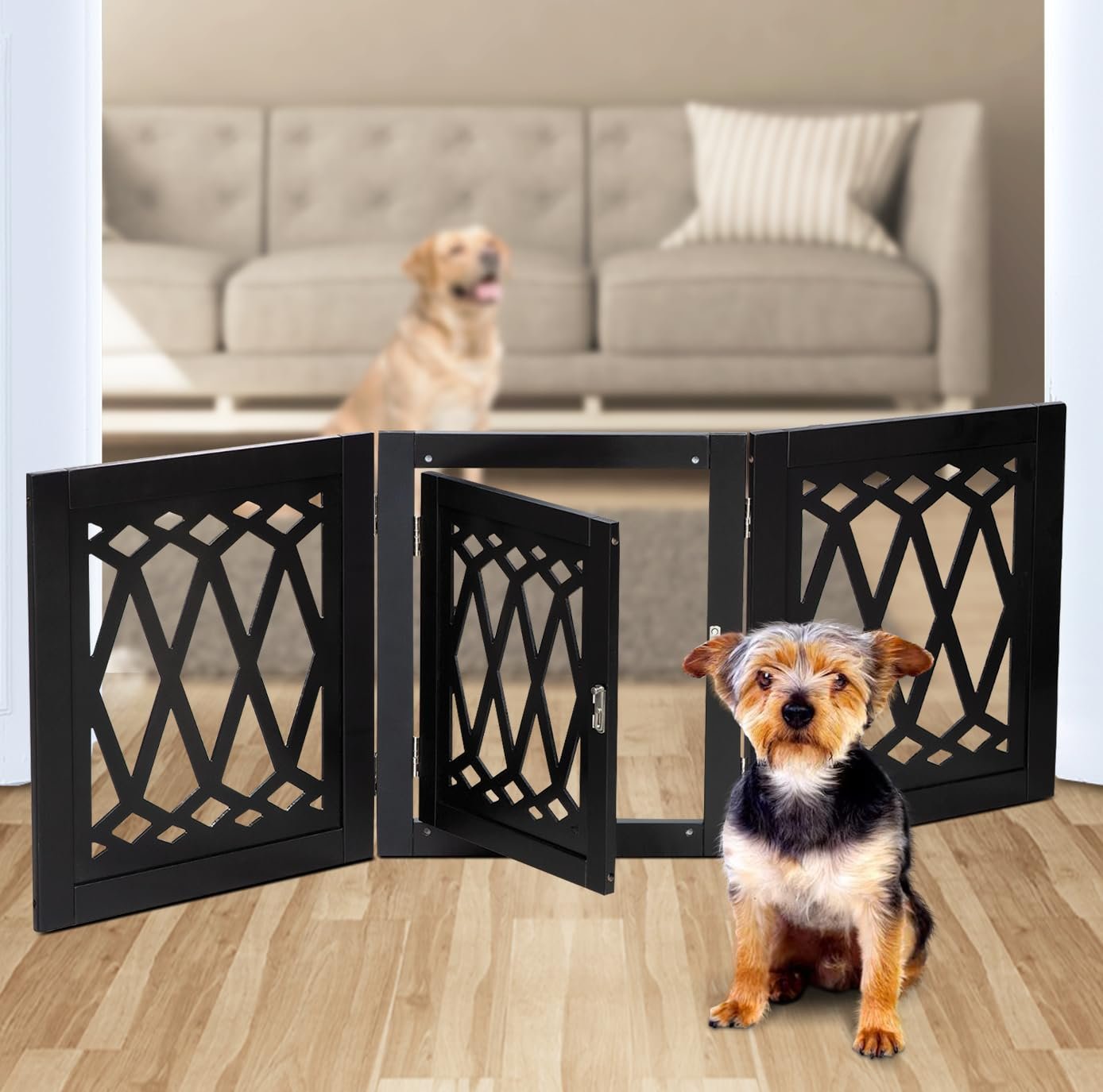Bundaloo Freestanding Dog Gate with Door Expandable Decorative Wooden Fence for Small to Medium Pet Dogs, Barrier for Stairs, Doorways, & Hallways (Black Diamond)