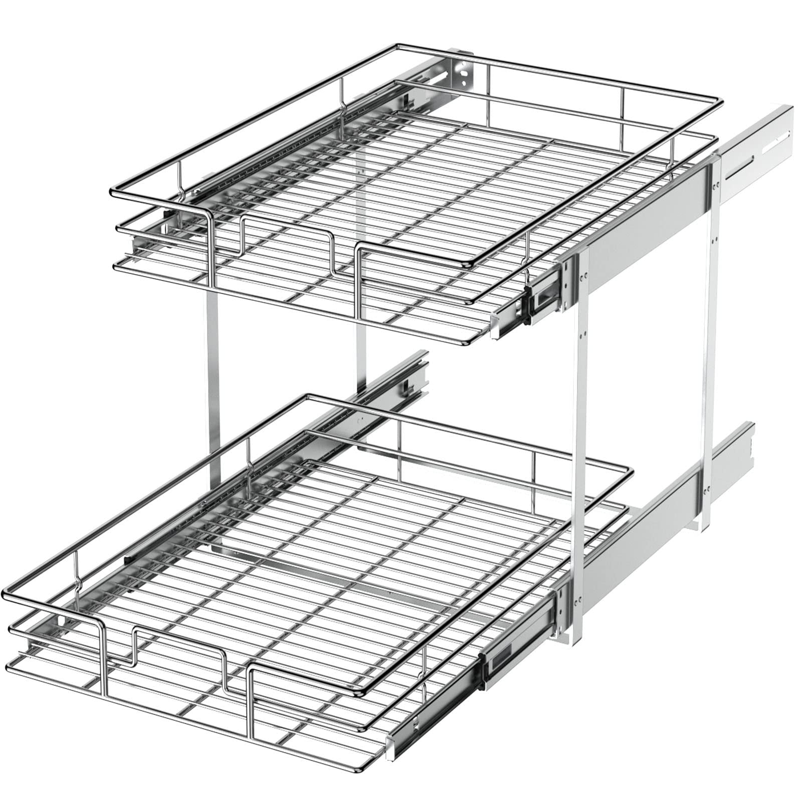 LOVMOR 2 Tier Individual Pull Out Cabinet Organizer 14" W x 18" D, Slide Out Kitchen Cabinet Storage Sliding Shelves