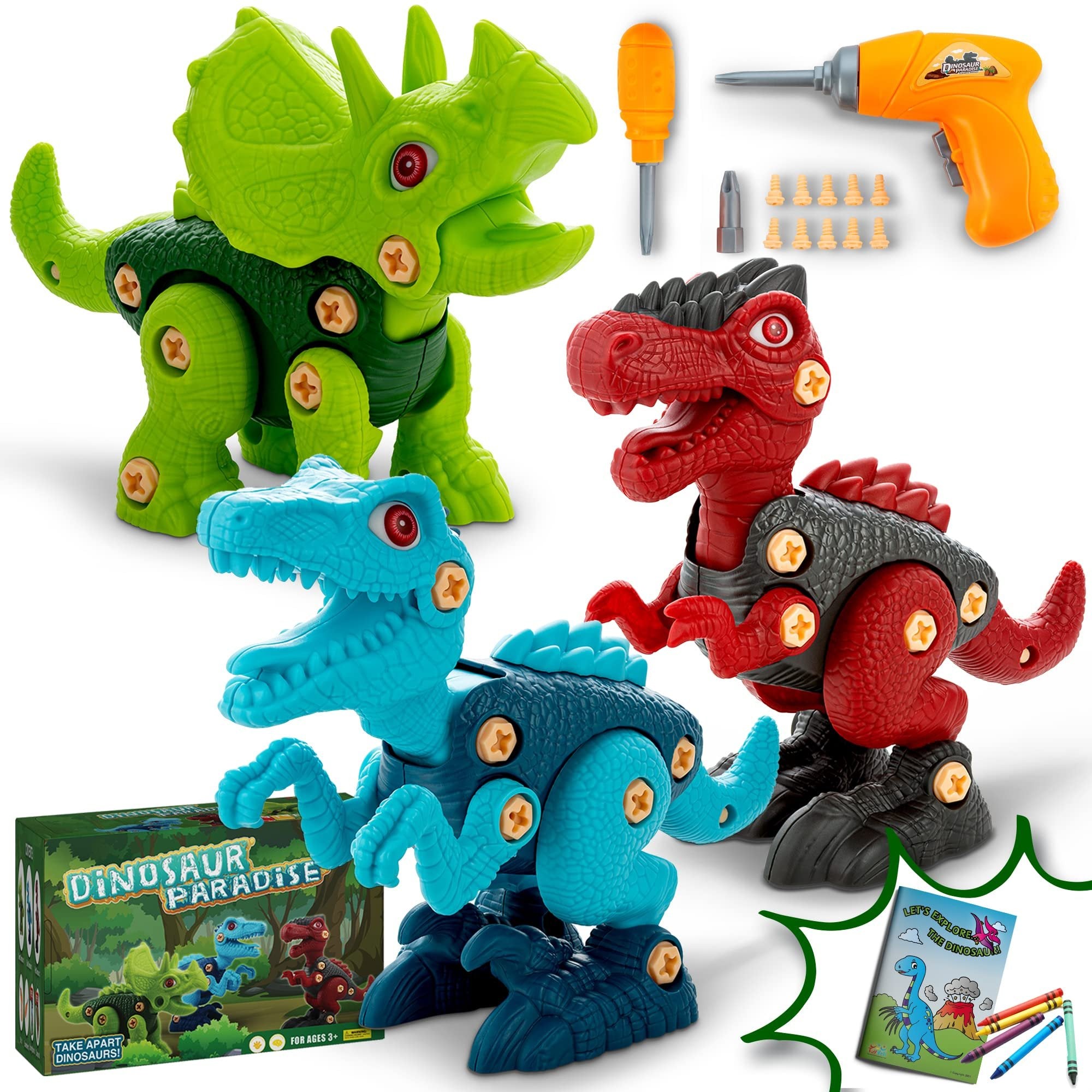 ToyVelt Take Apart Dinosaur Toys for Boys & Girls Age 3-12, 6 Dinosaur Toys with Rotating Wheels, 218 Piece STEM Construction Comes with a Storage Box, 12 Tools, Birthday Gifts Toys for 5 Year Old