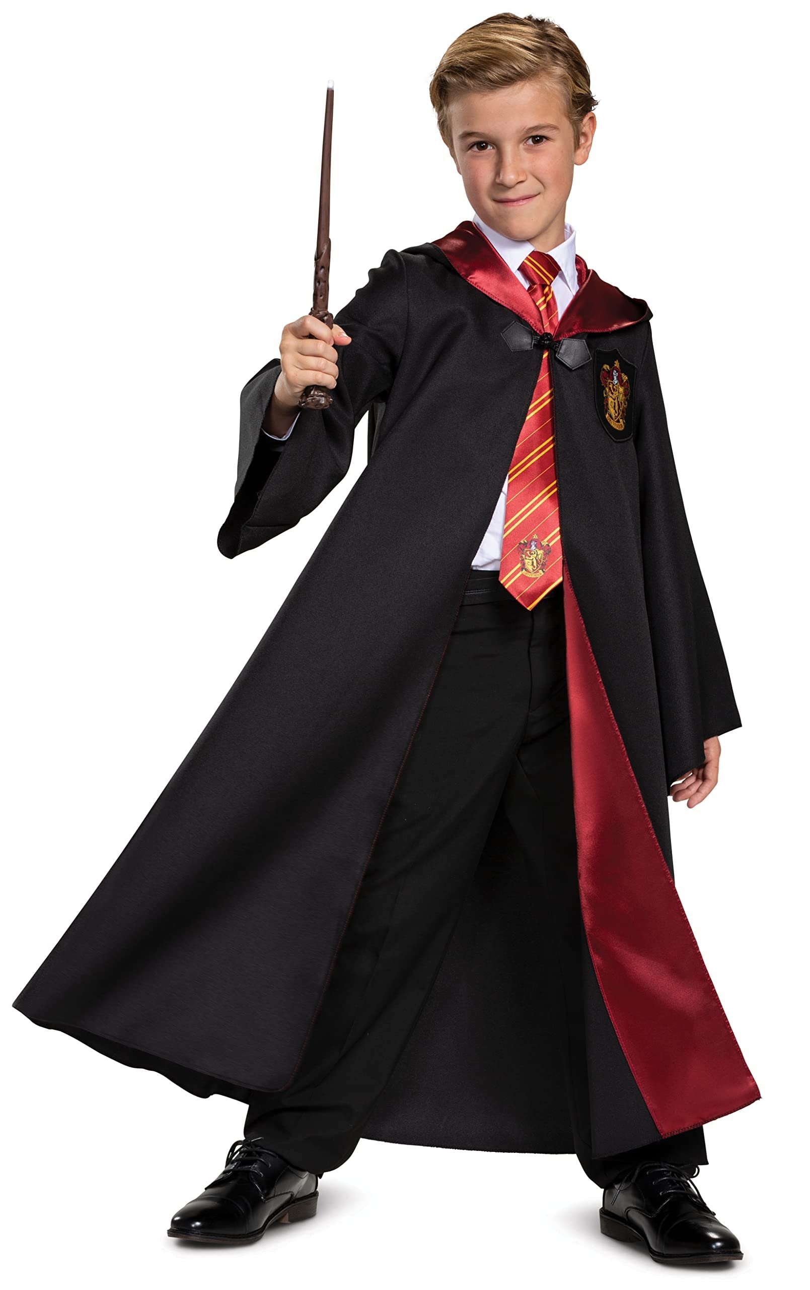 Hermione Gryffindor Costume Combo, Official Wizarding World Deluxe Robe with Tie and Wand, Kids Size Medium (7-8)