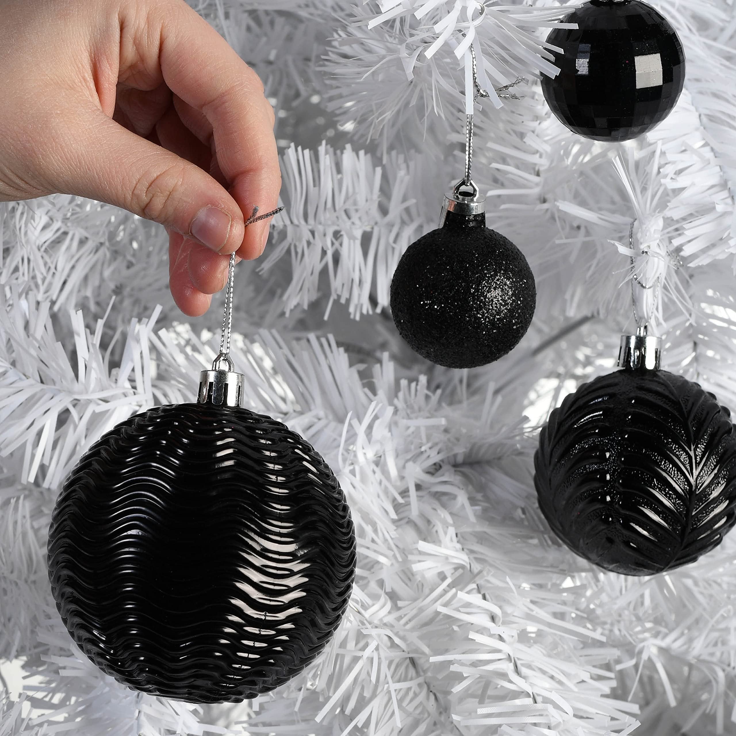 Prextex Christmas Ball Black Ornaments for Christmas Decorations (Black) - 36 pcs Shatterproof Black Christmas Ornaments w/Hanging Loop for Holiday, Wreath & Party Decorations (6 Styles, 3 Sizes)