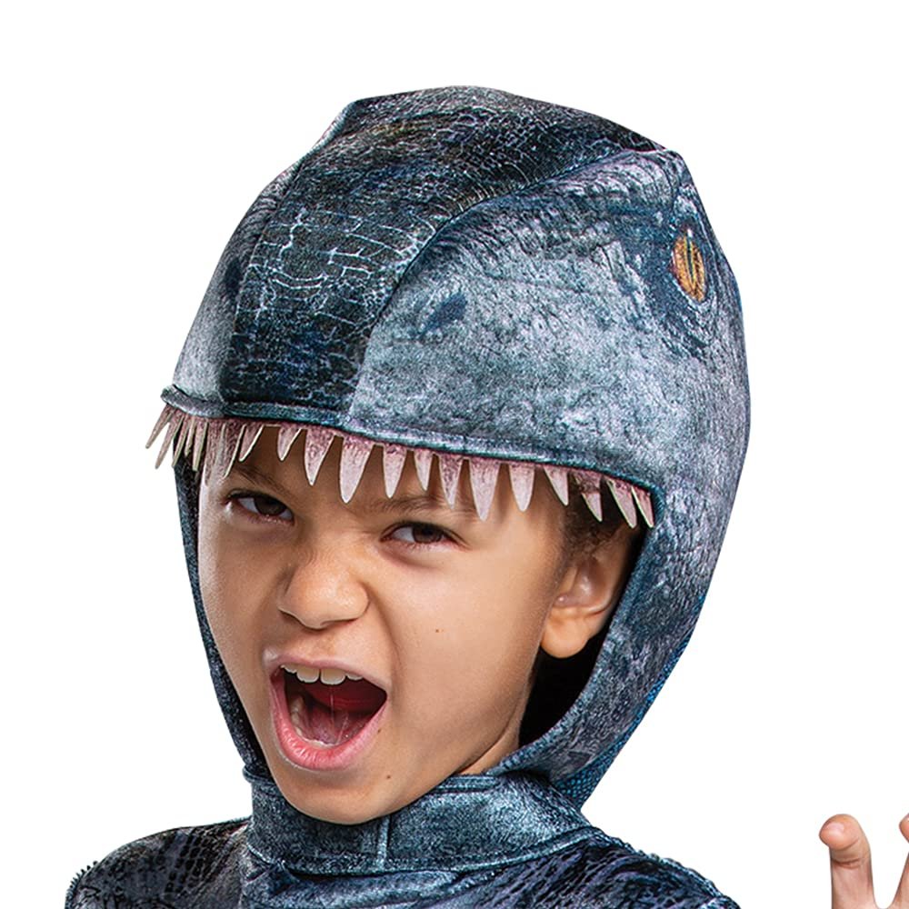 Jurassic World Blue Velociraptor Costume for Kids, Dinosaur Outfit with Headpiece and Detachable Tail, Kids Size Medium (7-8)