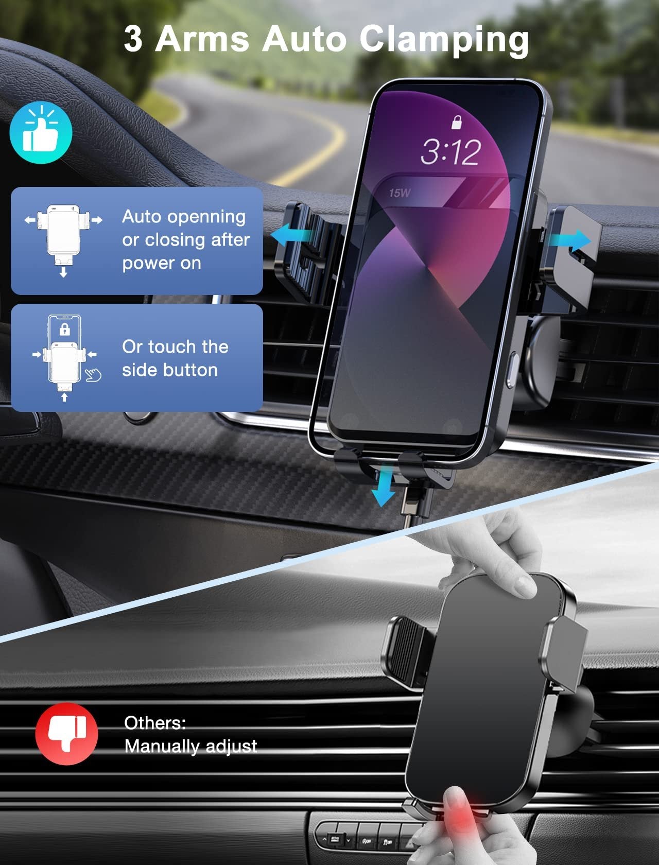 Wireless Car Charger, MOKPR Auto-Clamping Car Mount 15W/10W/7.5W Fast Charging Air Vent Car Phone Mount Compatible with iPhone 15/14/13/13 Pro/12 Pro Max/12 pro/12/11/10 Series, Samsung Galaxy Series