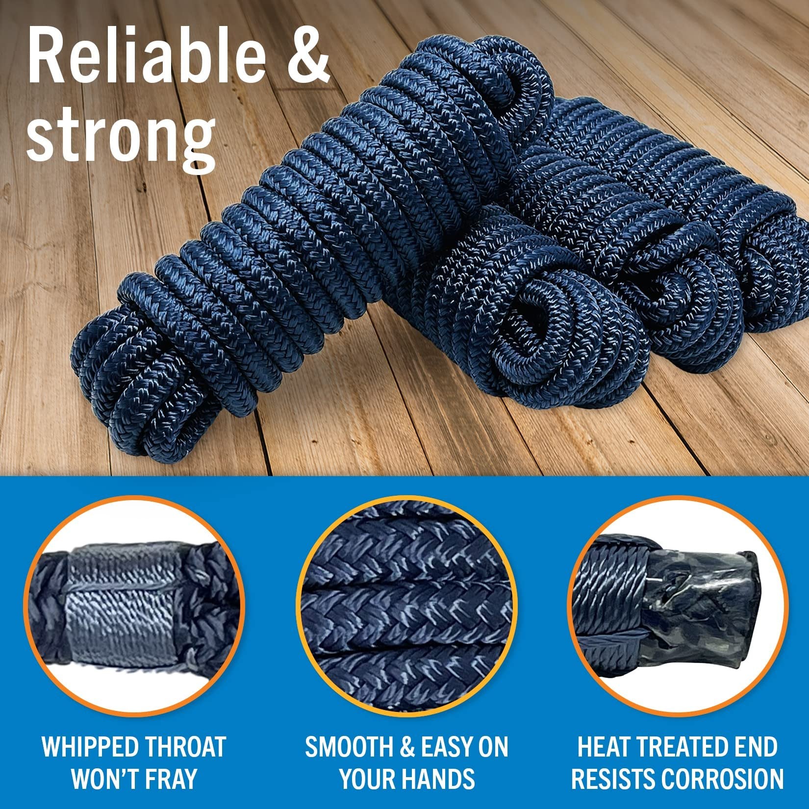 Boat Dock Lines & Rope Boat Ropes for Docking 1/2" Line Braided Mooring Marine Rope 25FT 1/2 Inch Nylon Rope Boat Dock Lines for Docking Boat Lines Boating Rope Braided with Loop Navy Blue 4 Pk