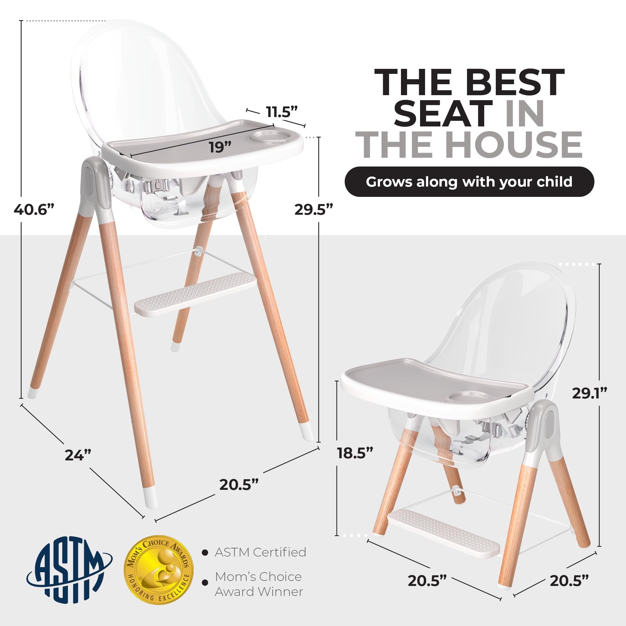 Children Of Design Classic Non-Reclinable 6 in 1 Baby High Chair for Babies and Toddlers, Modern Safe & Compact Wooden Highchair, Easy to Clean, Removable Tray, Easy to Assemble