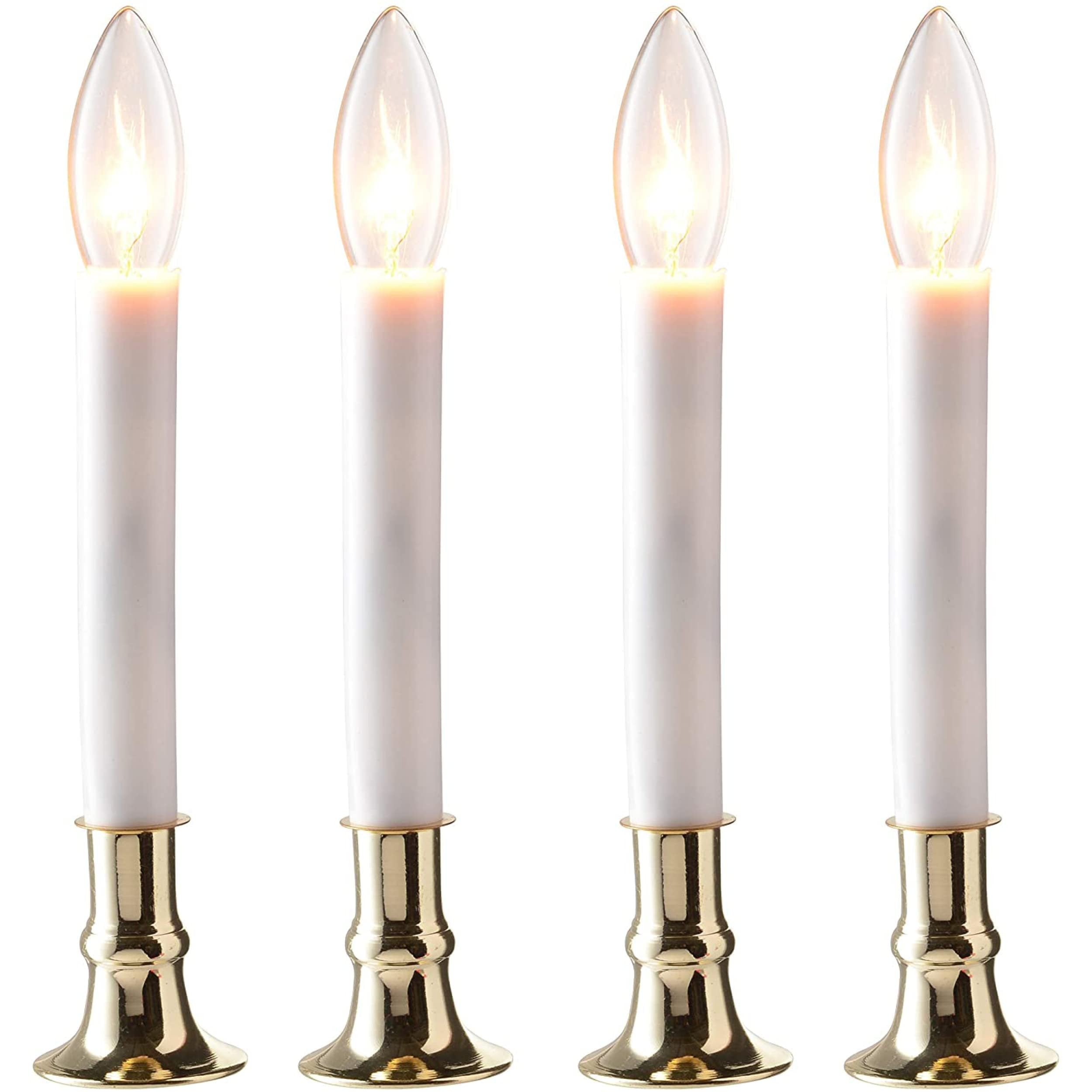 PREXTEX Christmas Candles - Set of 4 Brass Plated Window Candles with Sensor Dusk to Dawn - Candle Set for Home & Kitchen w/Automatic On/Off Sensor, Christmas Lights, Candle Lamp, Party Lights