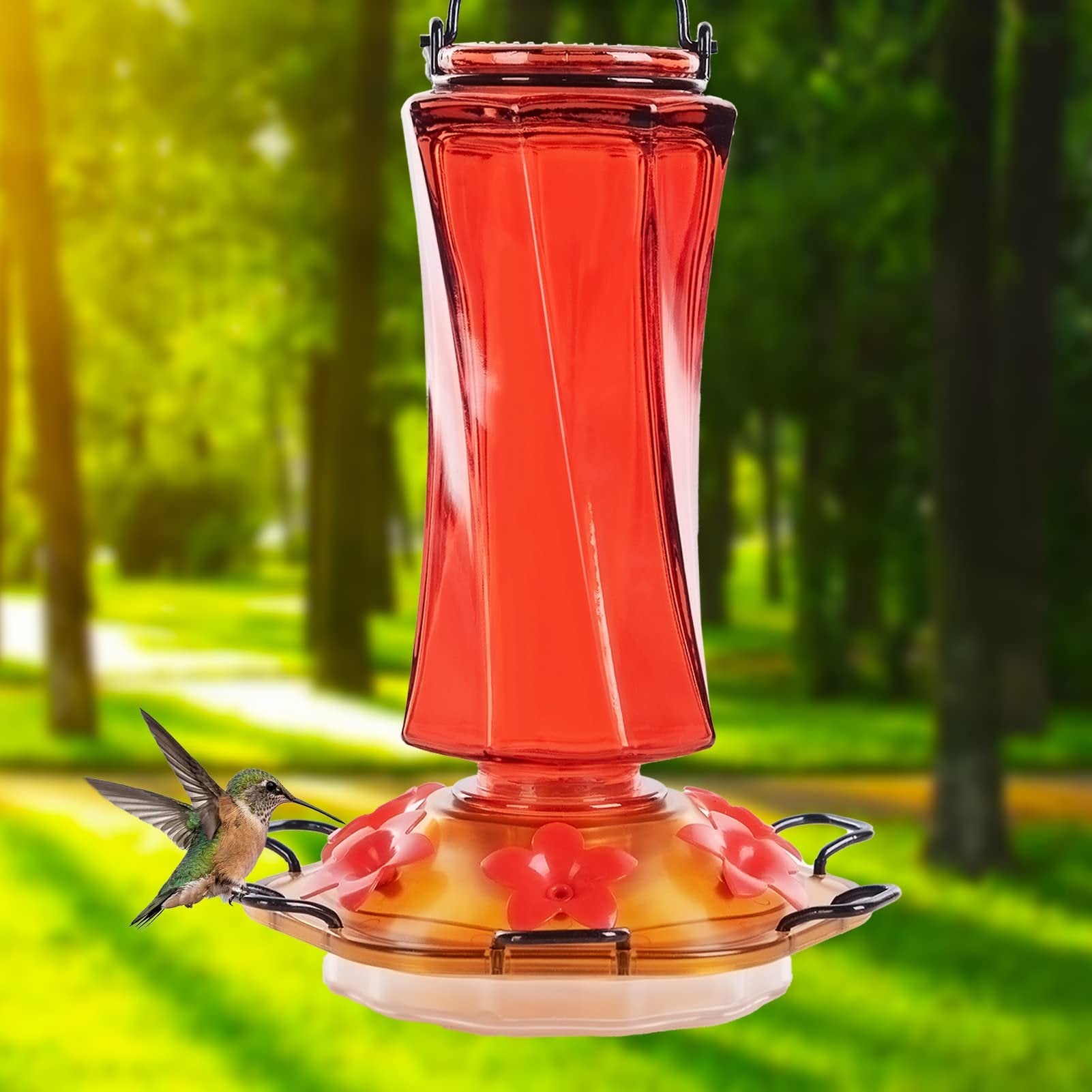 Billion Sky Hummingbird Feeder for Outdoors, Minimalist Bottle Shape, 6 Simulation Flowers Feeding Ports, 13 fl.oz, Hanging for Garden Yard, Rustproof, Red(Ant Moat Included)