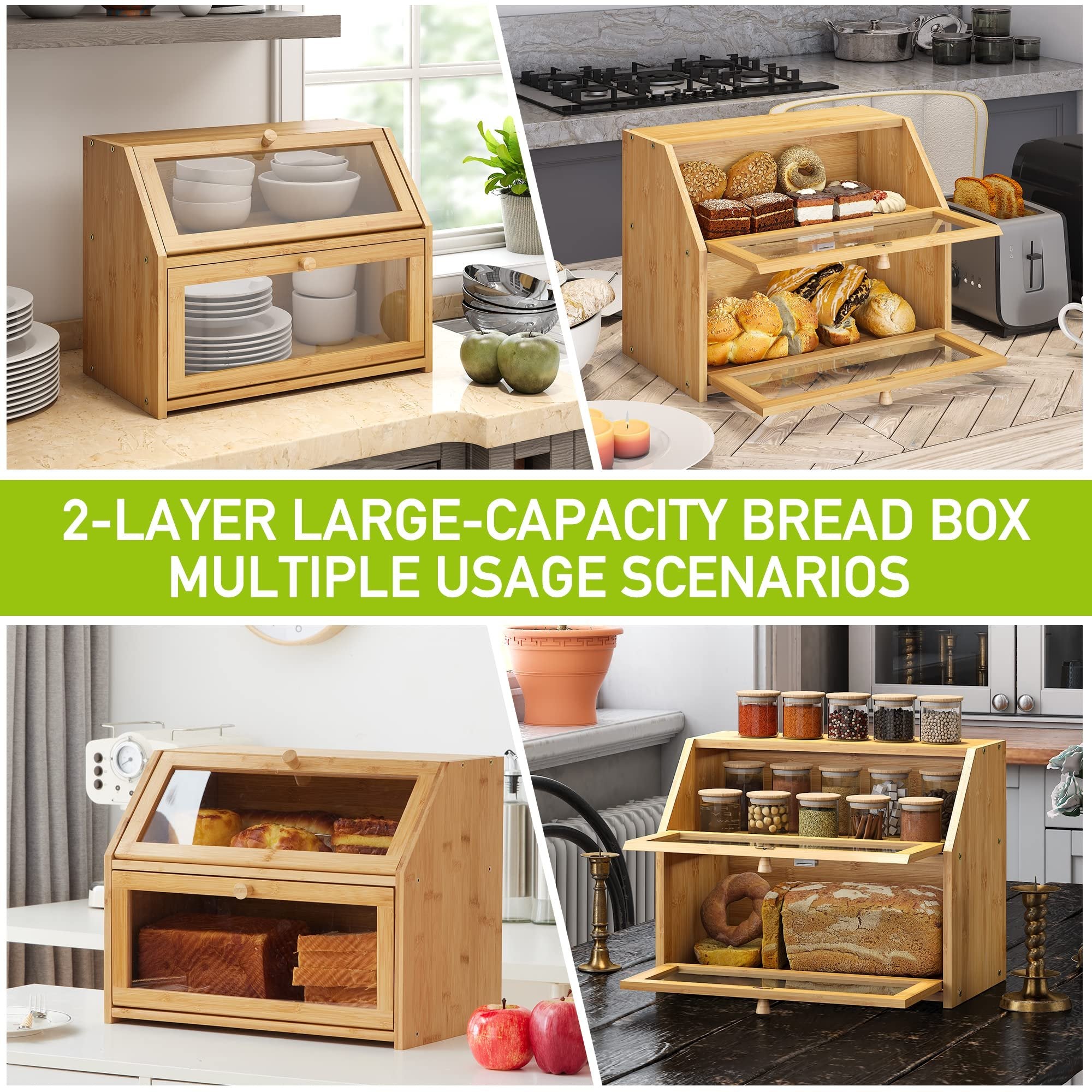 Bread Storage Farmhouse Bread Box For Kitchen Countertop Bread Container With Clear Window Breadbox Double Layer Bamboo Wooden Extra Large Capacity Bin Kitchen Food Storage Container(Trapezoid)