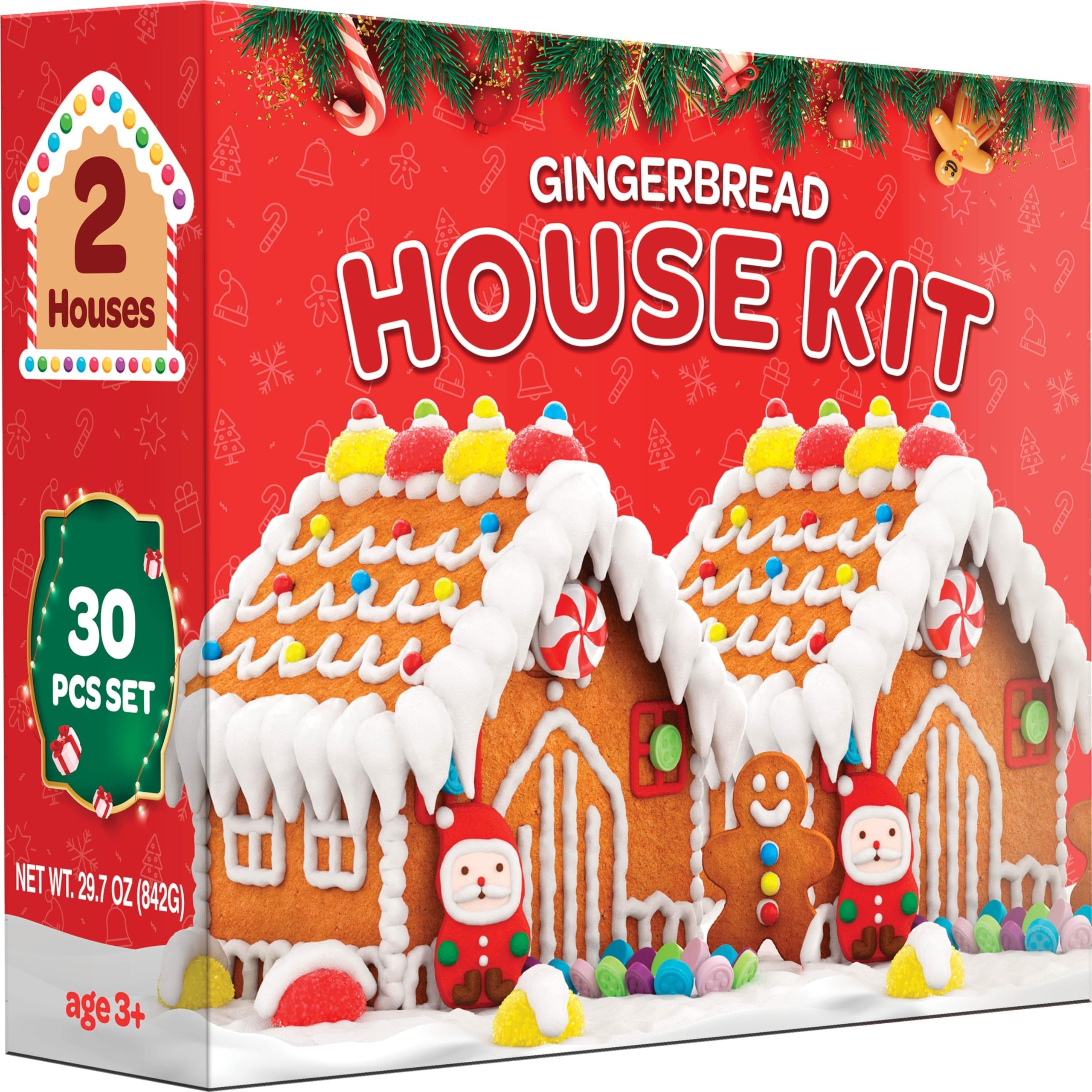 Gingerbread House kit [Set of 2] DIY Gingerbread House, Fun Holiday Activity for Kids, Ease Crafted Grooves Decor Kit of 2 Houses/4 ppl/Fondant/Snowflakes/Candies/Jellies/Beads/Buttons/Tray 30 Pcs Set