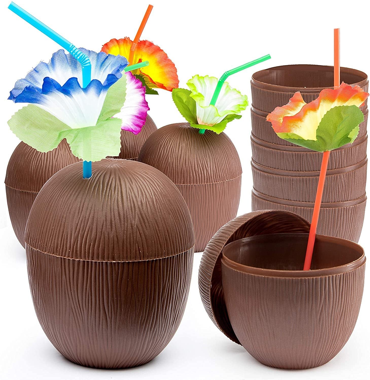 PREXTEX Coconut Cups with Flower Straws & Twist Close Lids (12 Pack) for Luau Party Decorations, Pool Parties, Moana Birthday Parties, Tropical Tiki Parties, Summer, Hawaiian Themed Party Decorations