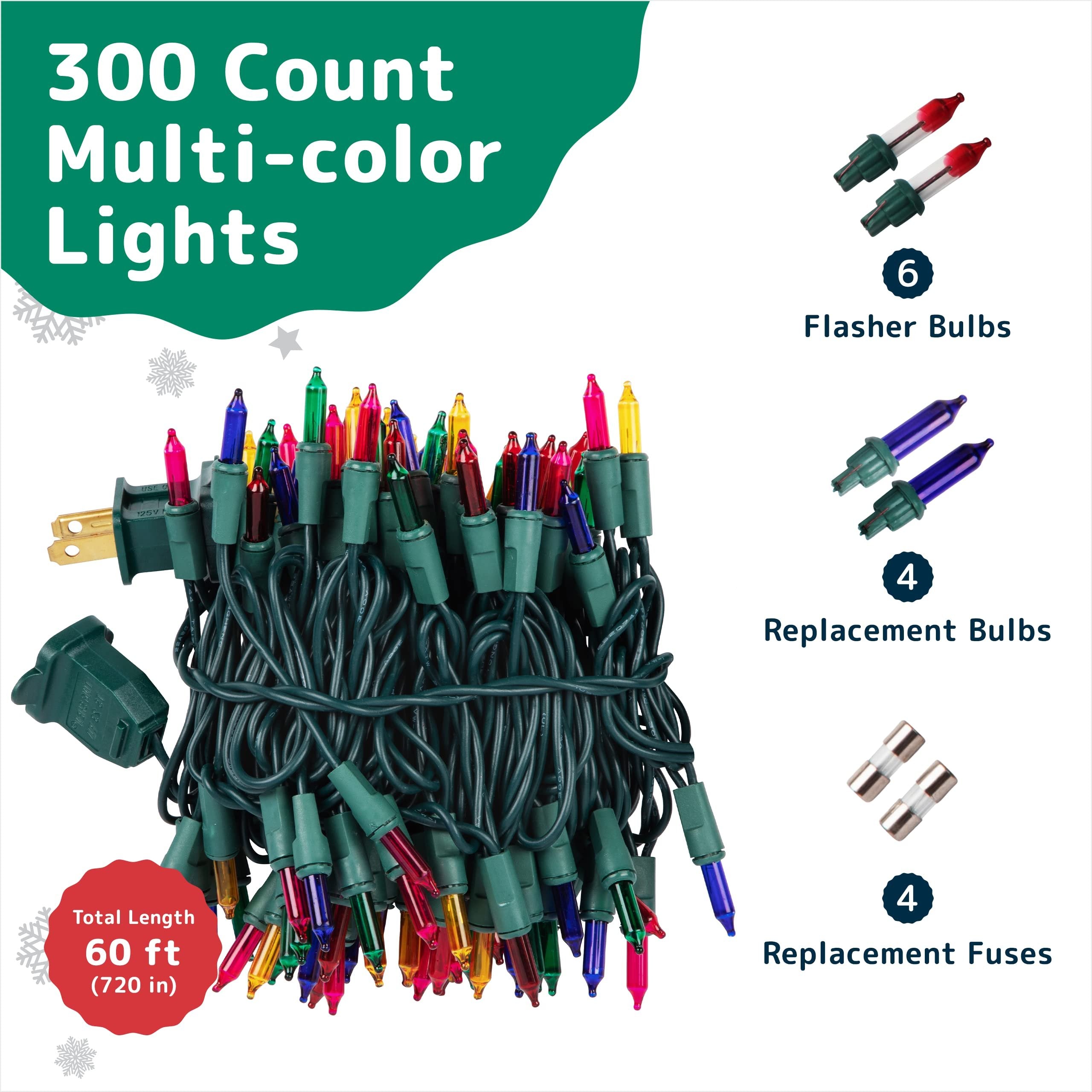 PREXTEX Christmas Lights (60 Feet, 2 Pack of 150 Lights) - Multi Color Christmas Tree Lights with Green Wire - Indoor/Outdoor String Lights - Warm Multi Color Twinkle Lights