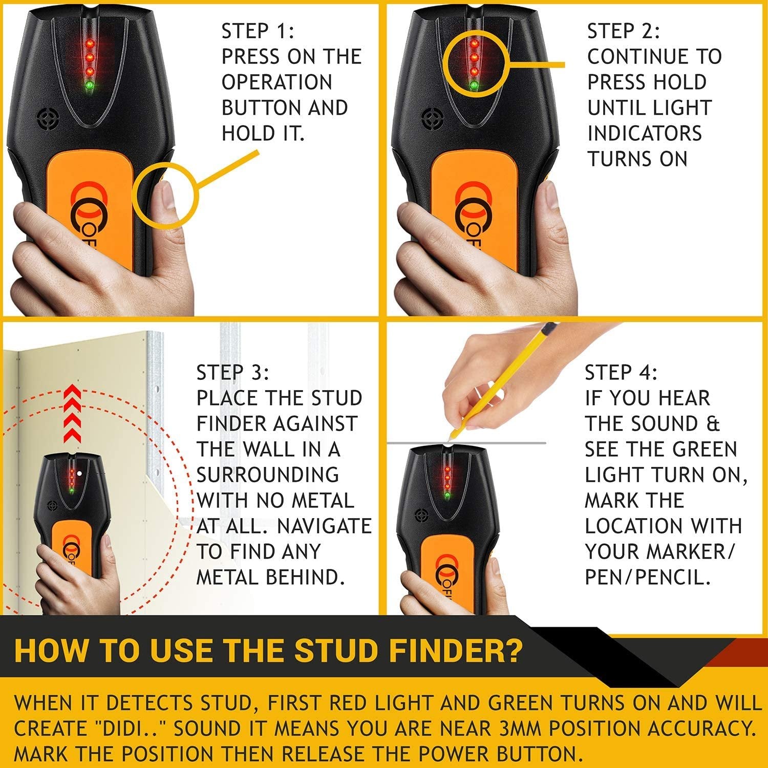 Ofircreation Stud Finder & Multifunction Device (Laser Level line, Leveler, Metric Ruler) - Stud Finder Wall Scanner With Laser Level Can Be Used as Pictures Hanging Tool and Ruler
