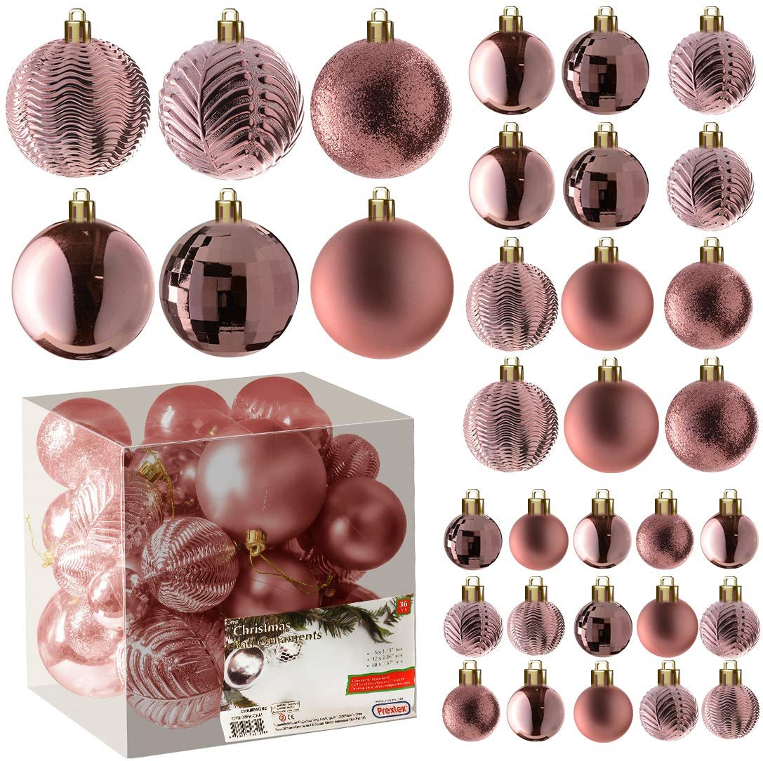 PREXTEX Christmas Tree Ornaments - Rose Gold Christmas Ornaments Set for Christmas - Christmas Ball Ornaments for Holiday, Wreath & Party Decorations (36 pcs - Small, Medium, Large) Shatterproof