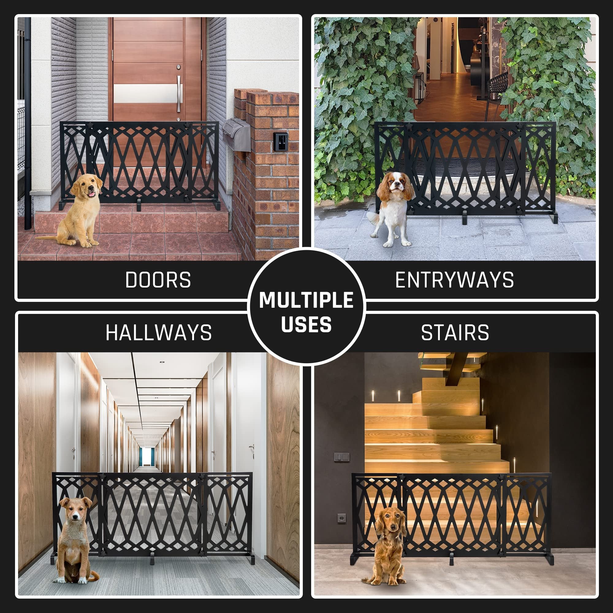 Bundaloo Freestanding Dog Gate Expandable Wooden Fence for Small to Medium Pet Dogs, Adjustable Pet Barrier for Stairs, Doorways, & Hallways (Diamond) (White)