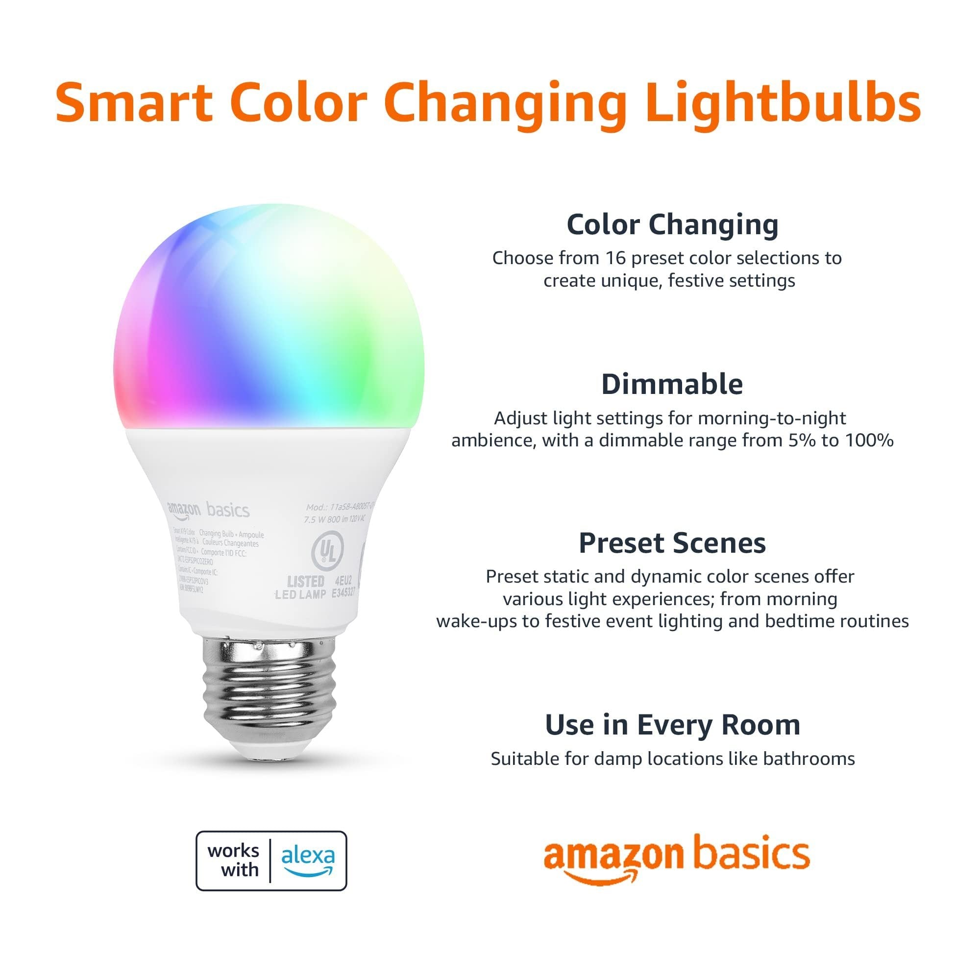Amazon Basics Smart A19 LED Light Bulb, 2.4 GHz Wi-Fi, 7.5W (Equivalent to 60W) 800LM, Works with Alexa Only, 1-Pack, Multicolor