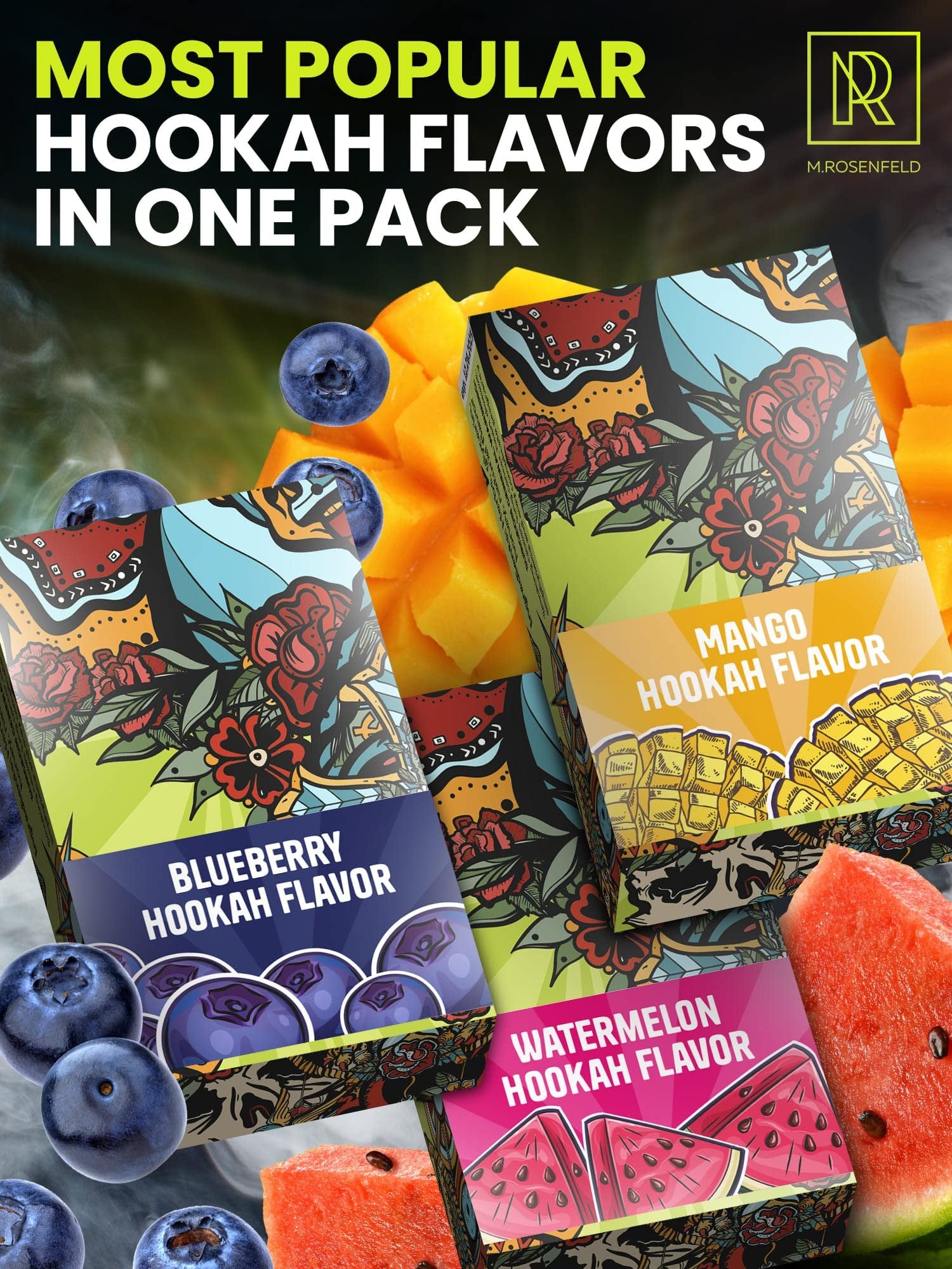 Shisha Hookah Flavors Nicotine Free - Hookah Shisha Flavors 3 x 1.75 oz (50 g) Hookah Flavors Set for your Hookah Bowl (Blueberry - Watermelon - Mango) Pack of 3 - Try these Tobacco Free Shisha