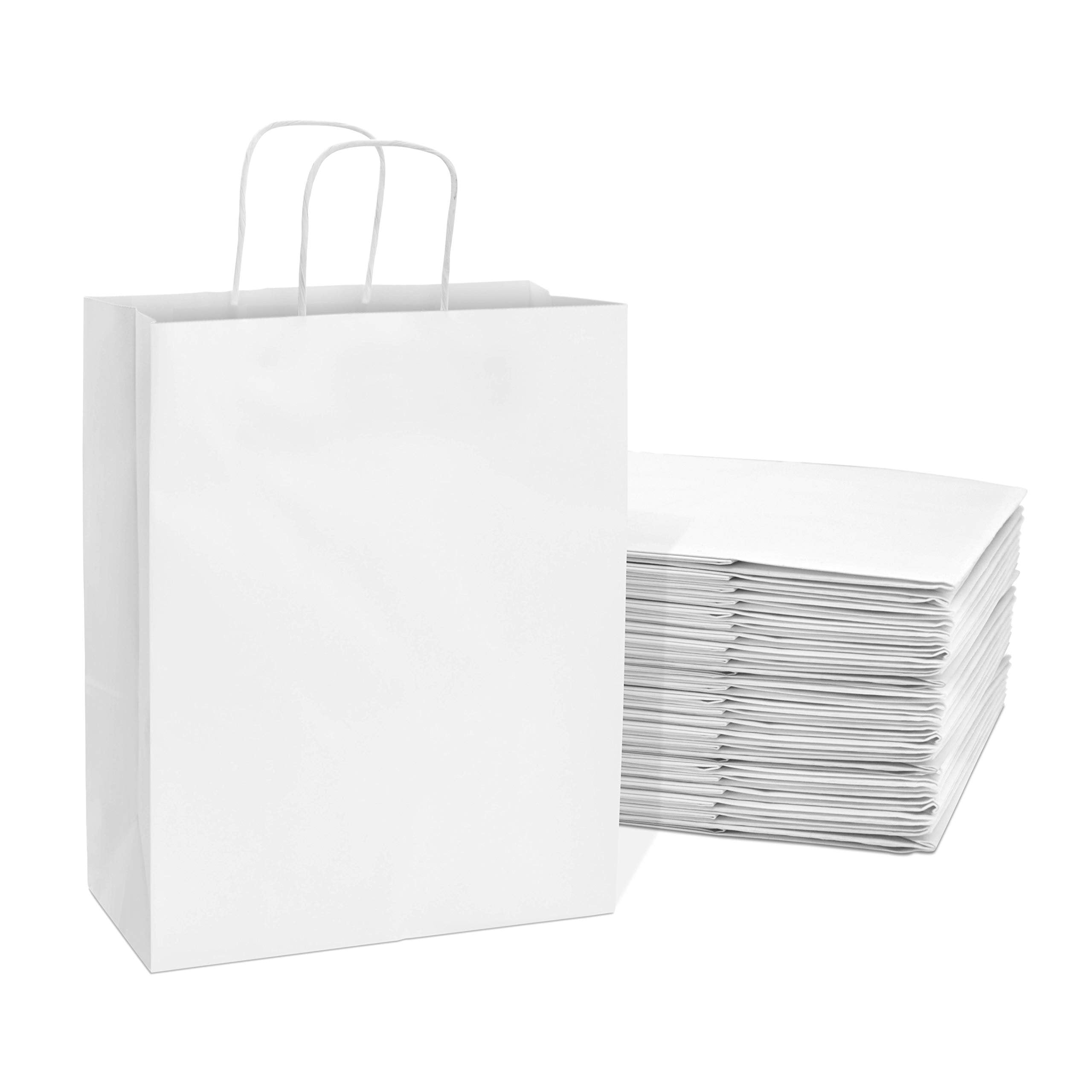 Prime Line Packaging 10x5x13 50 Pack White Gift Bags, Medium Paper Bags with Handles for Boutique, Small Business, Retail Store Merchandise, in Bulk