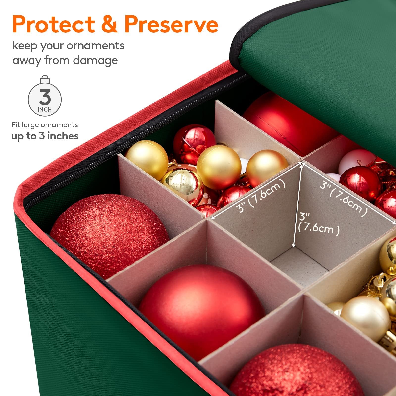 Lifewit Christmas Ornament Storage Container with Dual Zipper Closure - Box Contributes Slots for 64 Holiday Ornaments 3-Inch, Xmas Decorations Accessories, Made of Nonwoven Material, Green