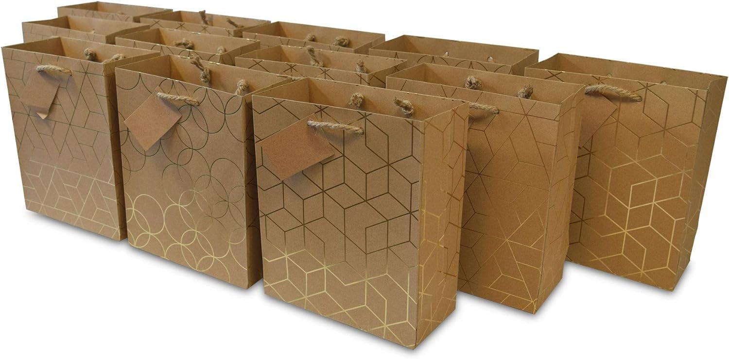 Gold Gift Bags - 10x5x13 Inch 12 Pack Large Geometric Print Designer Kraft Paper Shopping Bags with Handles, Gift Wrap for Birthdays Parties, Baby Showers, Bachelorette, Holidays, Christmas Bulk