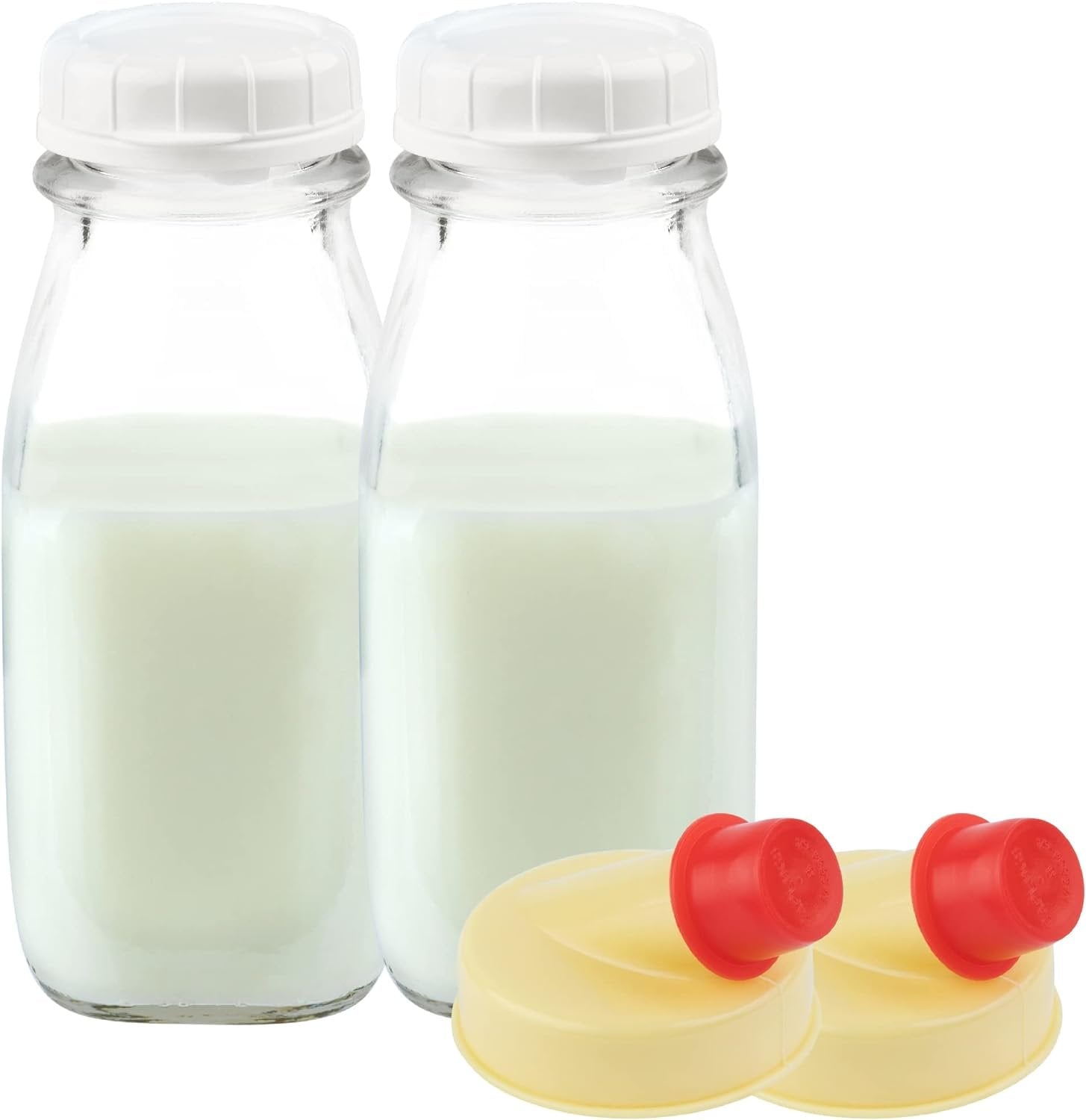 Kitchentoolz 12 Oz Square Glass Milk Jugs with Caps - Perfect Milk Container for Refrigerator - 12 Ounce Glass Milk Bottle with Tamper Proof Lid and Pour Spout - Pack of 2