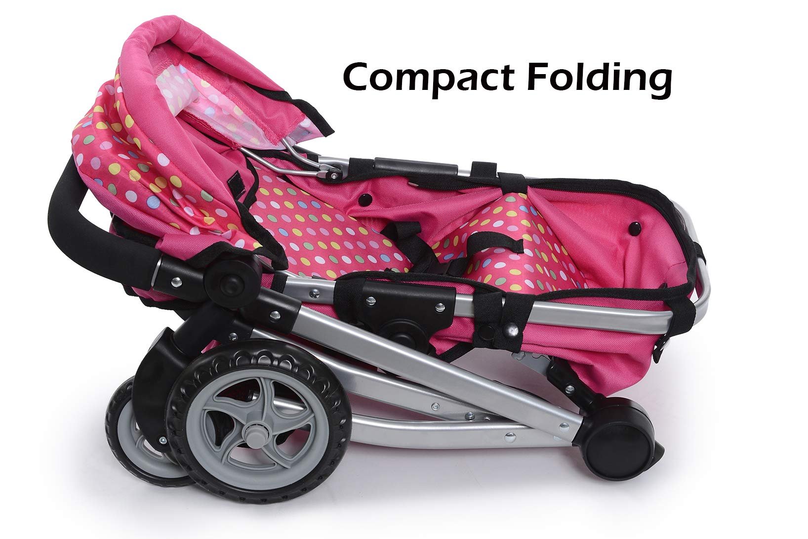 fash n kolor Foldable Pram for Baby Doll with Polka Dots Design with Swiveling Wheel Adjustable Handle