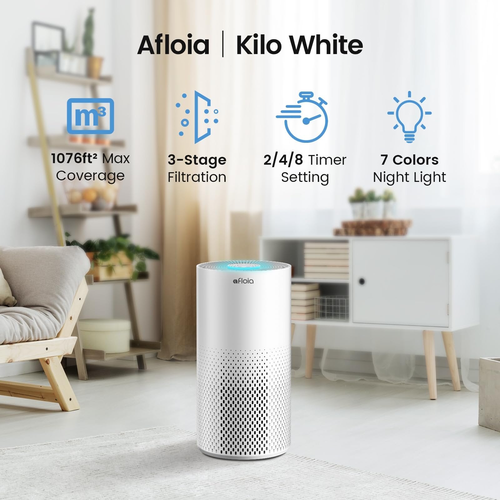 Afloia Air Purifiers for Home Bedroom Large Room Up to 1076 Ft², True HEPA Filter Air Purifier for Pets Dust Pollen Allergies Dander Mold Odor Smoke, 22dB&7 Color Light, Kilo White