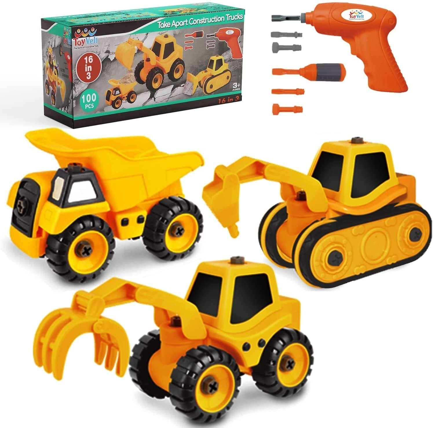 Toyvelt 16 in 3 Construction Take Apart Toys Trucks for 4 Year Old Boys STEM Tractor Toys for 3 Year Old Boys, Best Birthday for Boys & Girls Ages 3-12 Years Old - Updated 2021