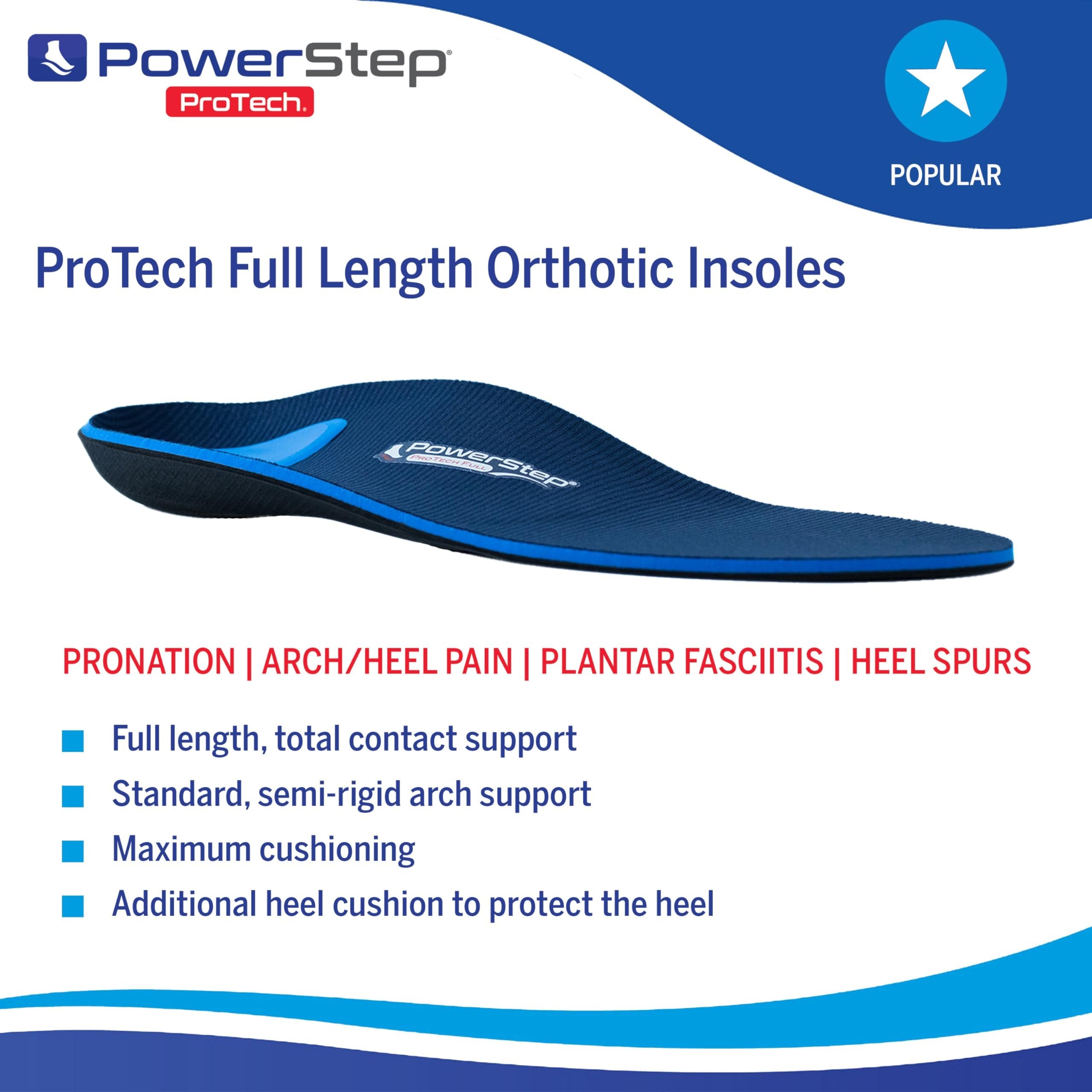 Powerstep ProTech Full Length - Medical Grade Plantar Fasciitis Pain Relief Insole, Heel Pain &Arch Support Orthotic for Women and Men (M 7-7.5 W 9-9.5)