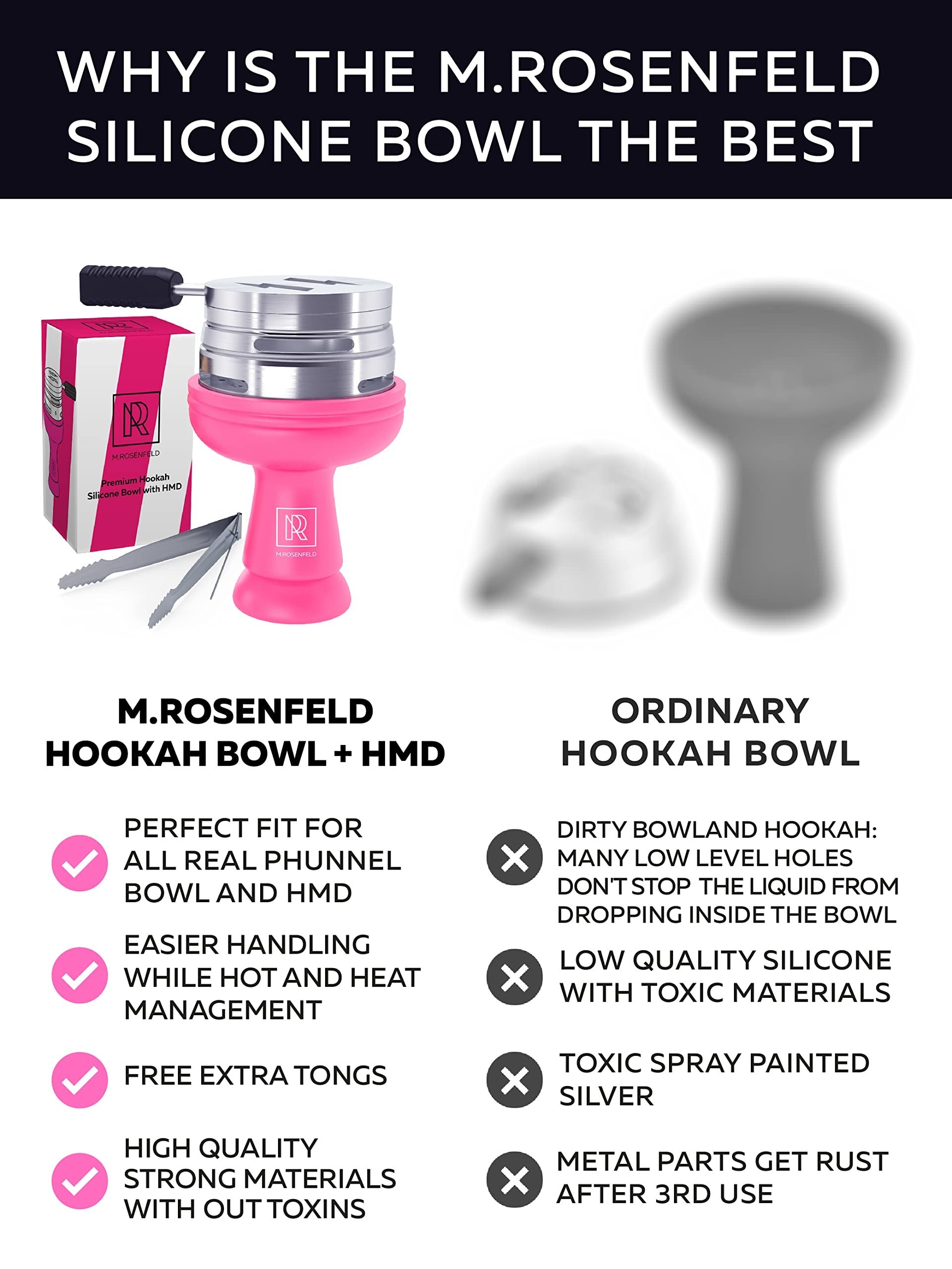 M. ROSENFELD Pink Hookah Bowl Set Silicone - Premium Shisha Bowl Phunnel Hookah Bowl Pink for Smoking with Hookah Tongs & Heat Management Charcoal Holder with Cover HULI