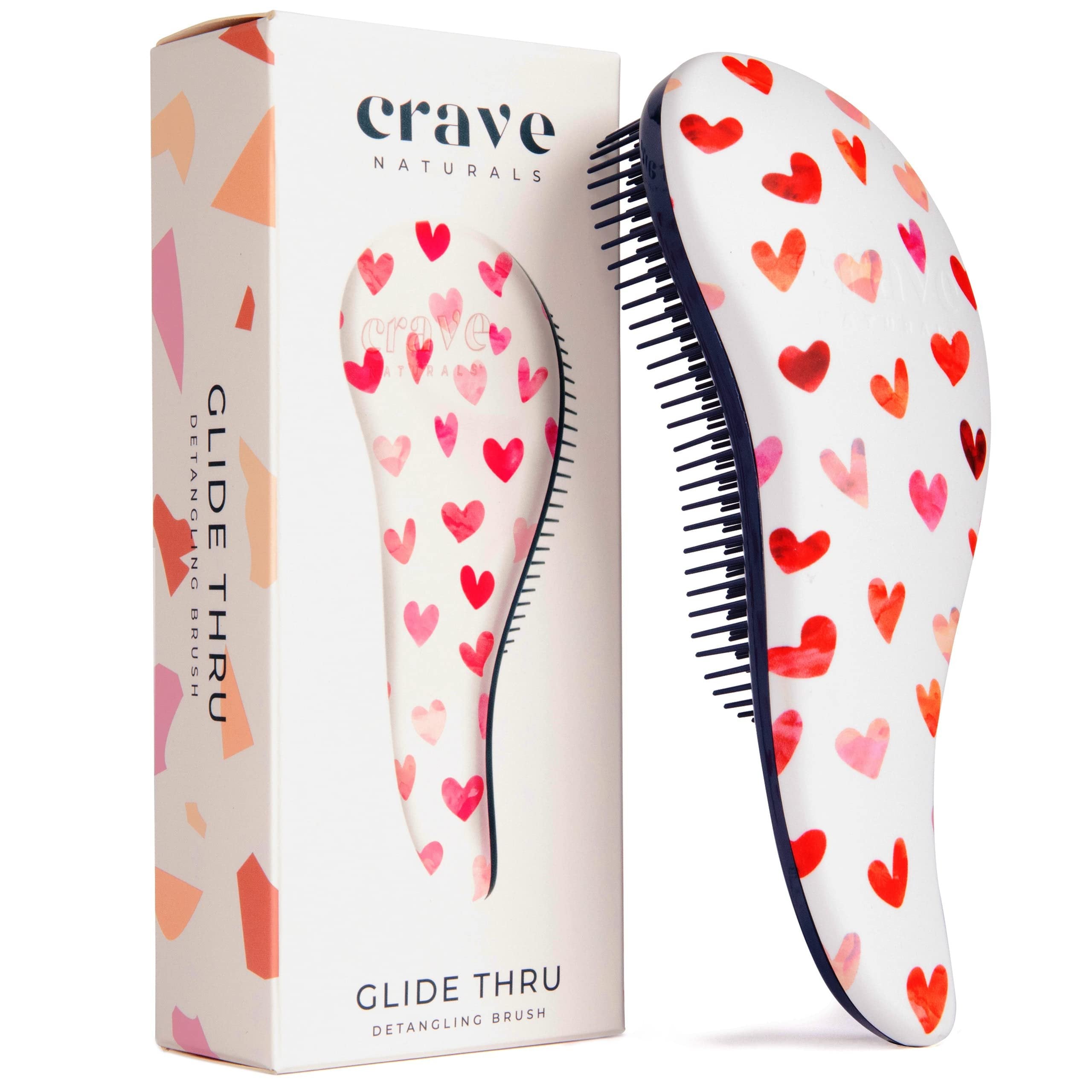 Crave Naturals Glide Thru Detangling Hair Brush for Adults & Kids Hair - Detangler Brush for Natural, Curly, Straight, Wet or Dry Hair - Hairbrush for Men & Women - 1 Pack - Pink Hearts