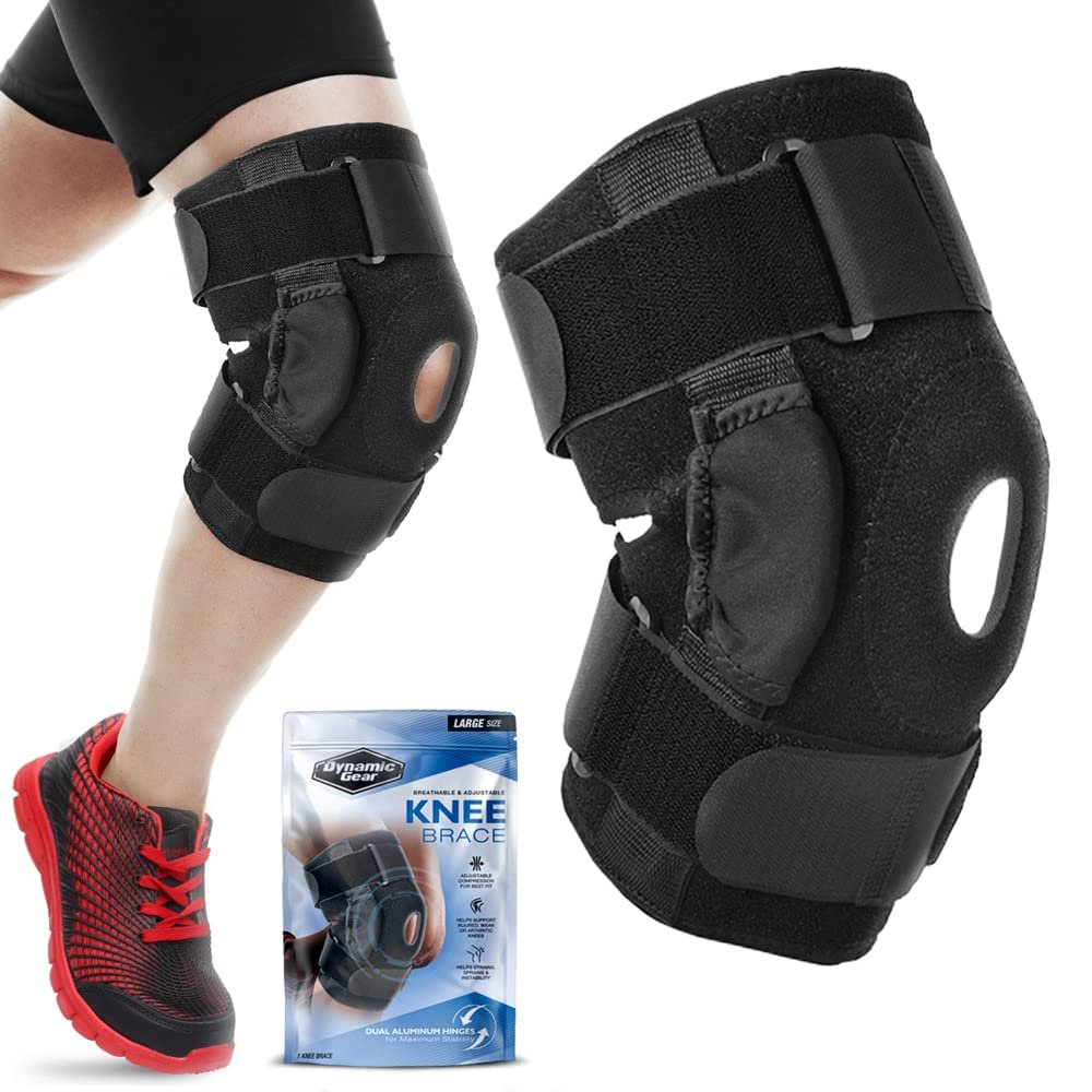 Dynamic Gear Open Patella Stabilizing Knee Brace with Dual Aluminum Stability Hinges - Padded Neoprene Adjustable Compression Knee Support Brace for Meniscus Tear ACL Strains Knee Pain Arthritis (Large)