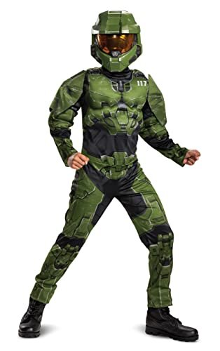 Disguise Halo Infinite Master Chief Costume, Kids Size Muscle Padded Video Game Inspired Character Jumpsuit, Child Size Small (4-6) Green & Black