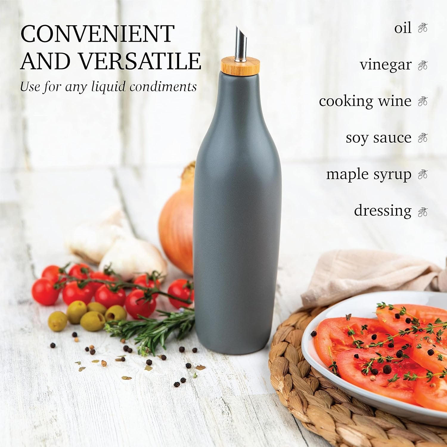 kitchentoolz Olive Oil Stoneware Dispenser Bottle, Ceramic 16 Oz Container for EVOO or Vinegar Kitchen Counter, Pewter Gray