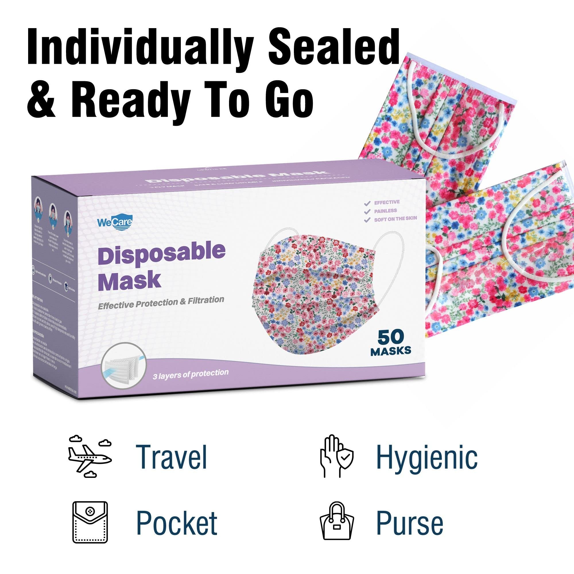 WECARE 50 Box, Individually-Wrapped Masks - Floral