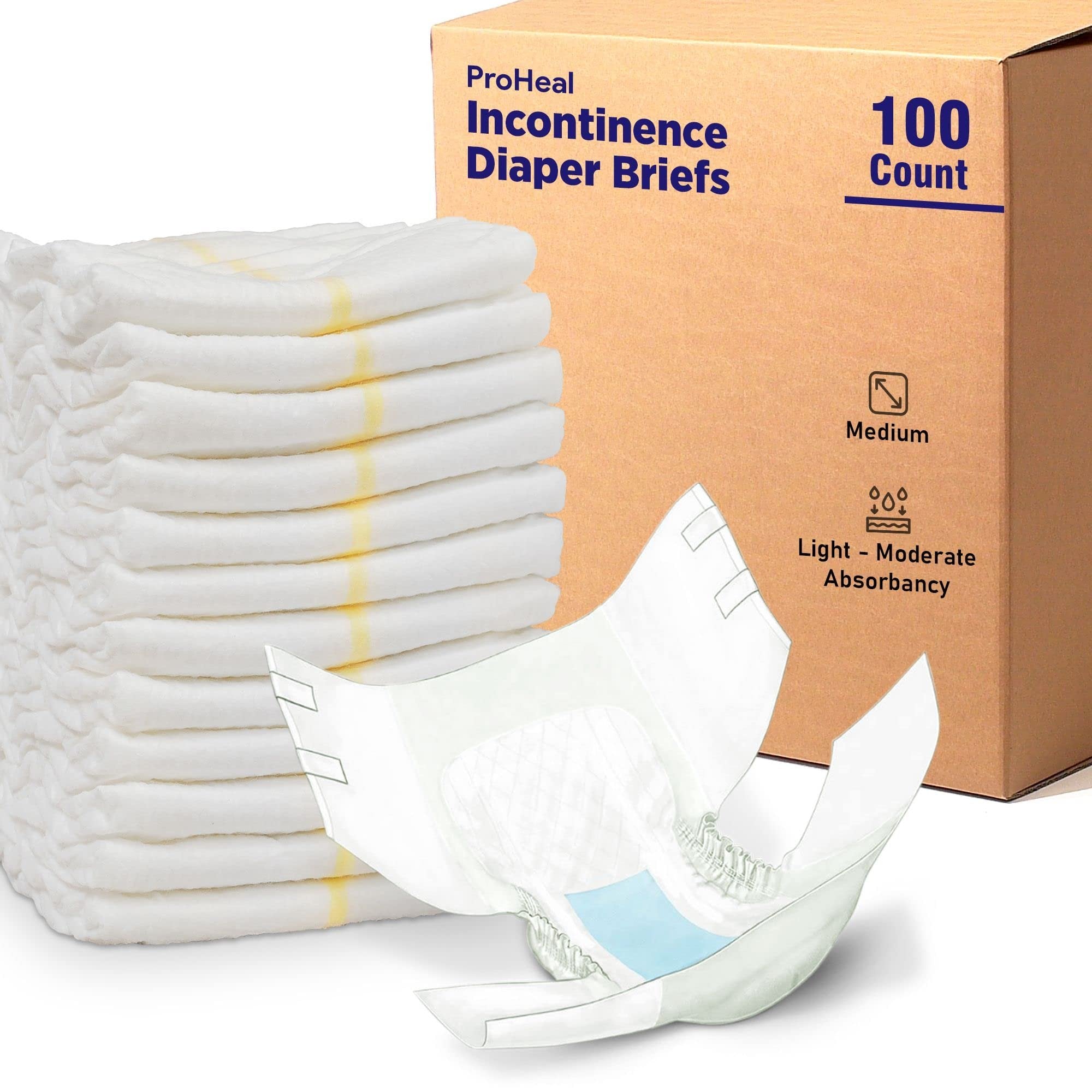 Adult Diapers Incontinence Briefs Medium, 10 Pack - for Men and Women - Quilted Moisture and Odor Lock - Light-Moderate Absorbency, Secure Fit Refastenable Tabs, Elastic Gathers