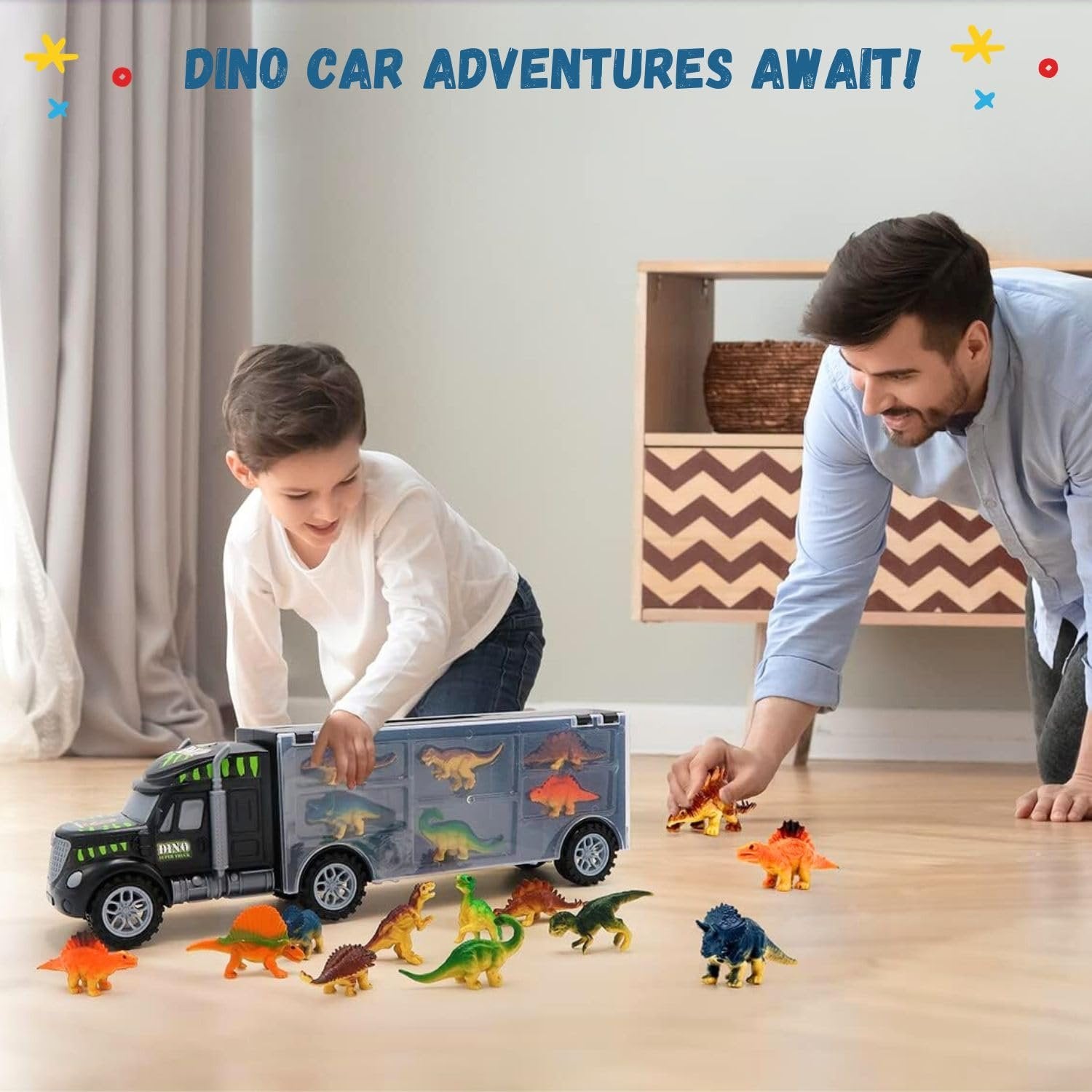 Dinosaur Toys for Kids 3-7. Dino Truck Carrier with 15 Figures + Bonus Book