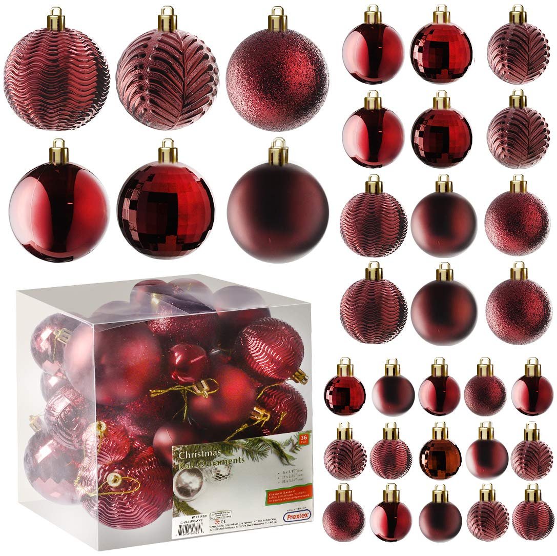 PREXTEX Christmas Ball Ornaments for Christmas Decorations (Red) | 36 pcs Xmas Tree Shatterproof Ornaments with Hanging Loop for Holiday, Wreath and Party Decorations (Combo of 6 Styles in 3 Sizes)