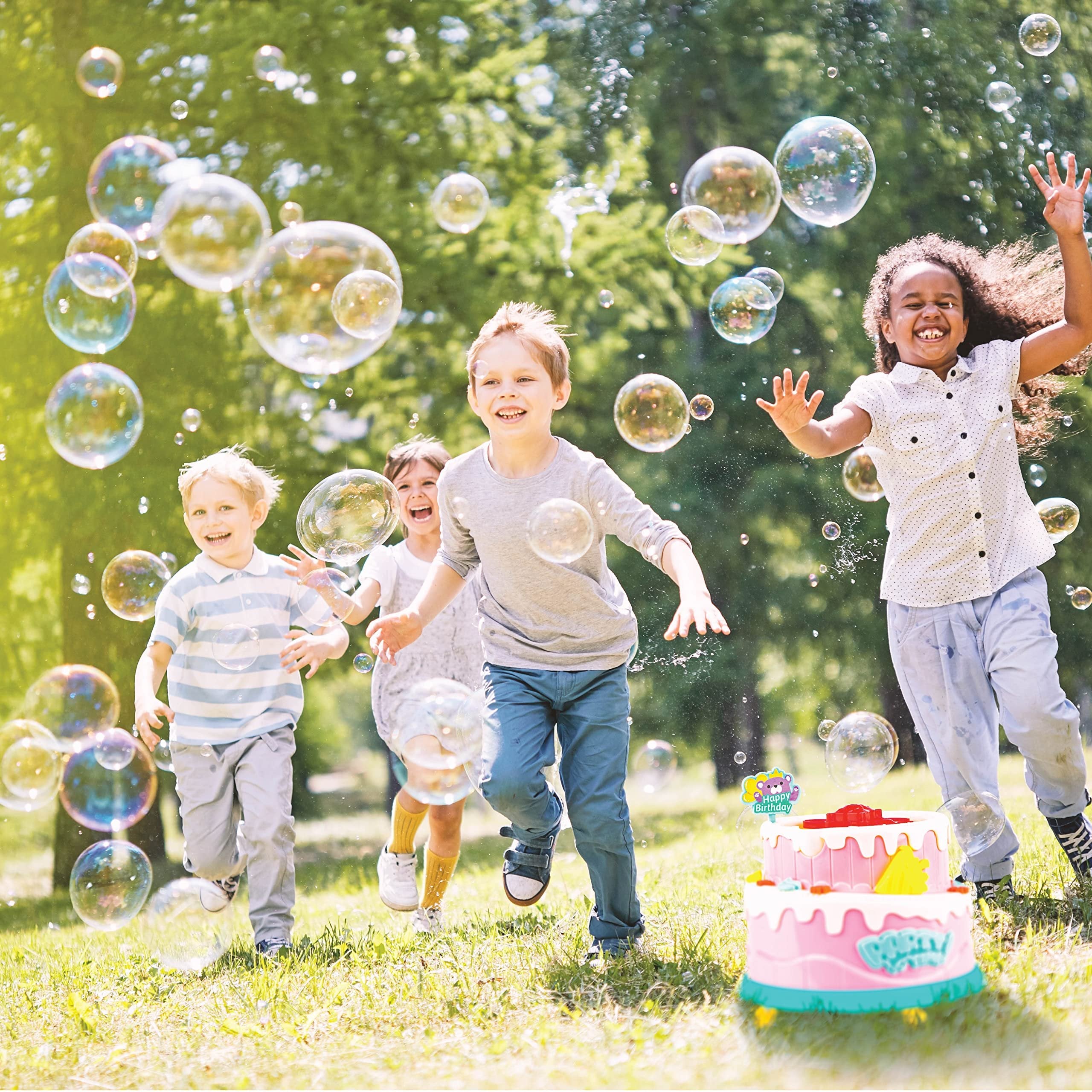 Madzee Cake Bubble Machine for Kids & Toddler Toys - Bubble Maker Blower with Lights and Music for Girls Birthday Parties - Includes 2 Bottle Bubble Solution