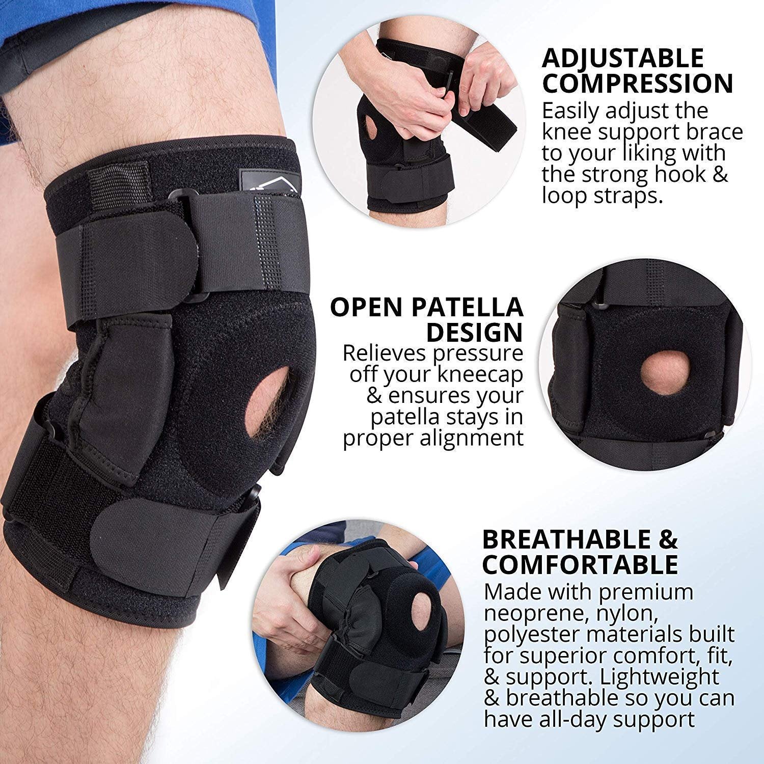 Dynamic Gear Open Patella Stabilizing Knee Brace with Dual Aluminum Stability Hinges - Padded Neoprene Adjustable Compression Knee Support Brace for Meniscus Tear ACL Strains Knee Pain Arthritis (Large)