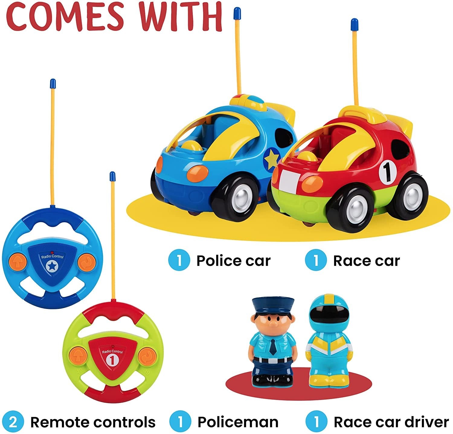 2 Pack Cartoon Remote Control Cars - Police Car and Race Car - Radio Control Toys for Kids, Boys, & Girls - Each with Different Frequencies So Both Can Race Together - Gifts for Toddler Boys Ages 2-4